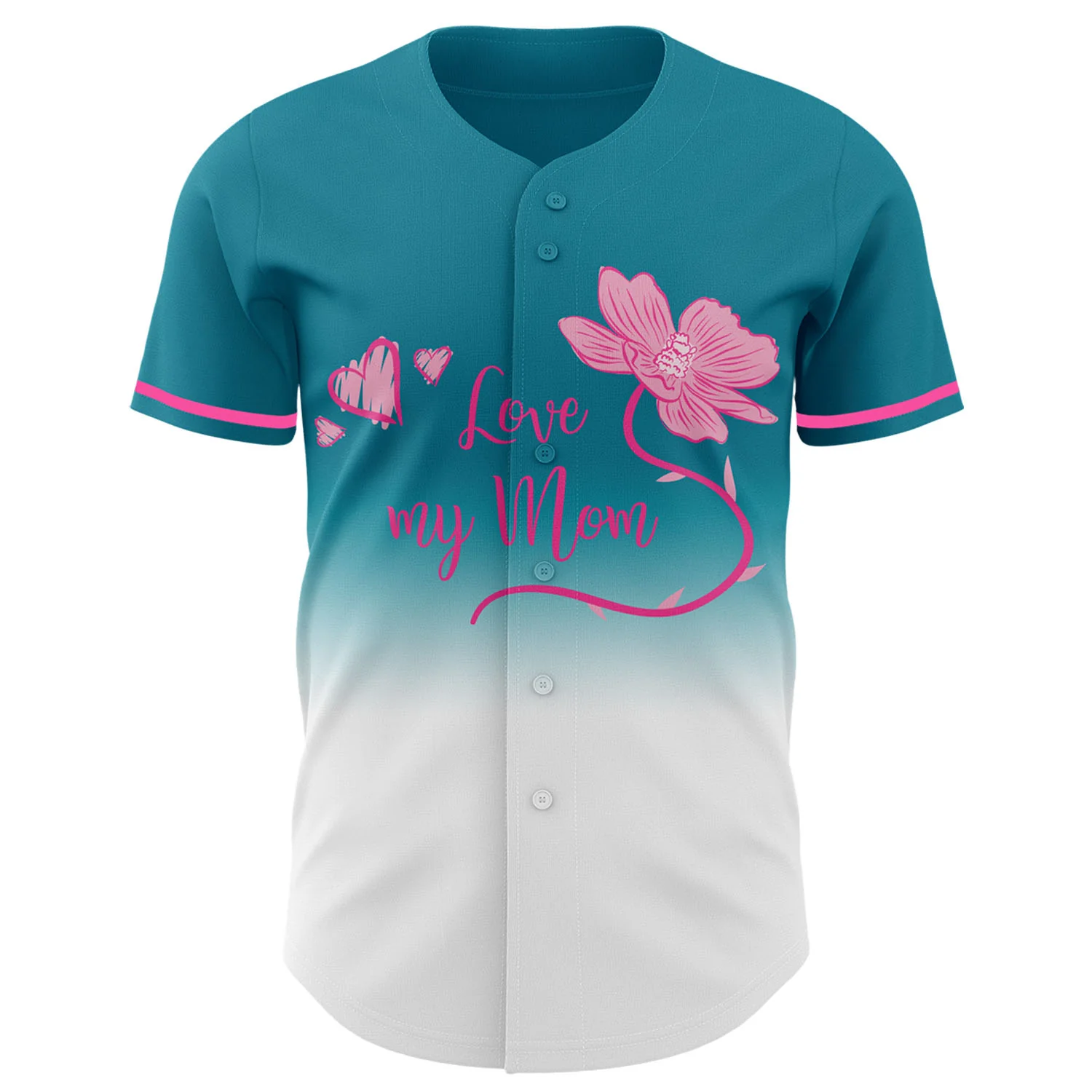 Custom Teal White-Pink 3D Pattern Design Gradient Mother's Day Love And Flower Authentic Baseball Jersey