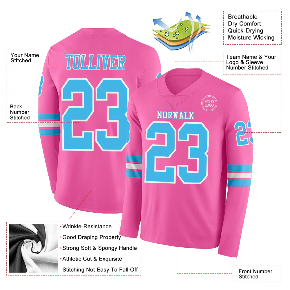 Custom Pink Sky Blue-White Long Sleeve Authentic Football Jersey