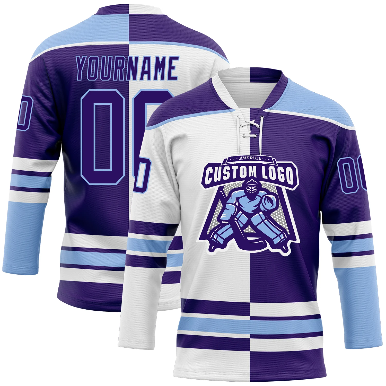 Custom Purple Light Blue-White Split Fashion Hockey Lace Neck Jersey