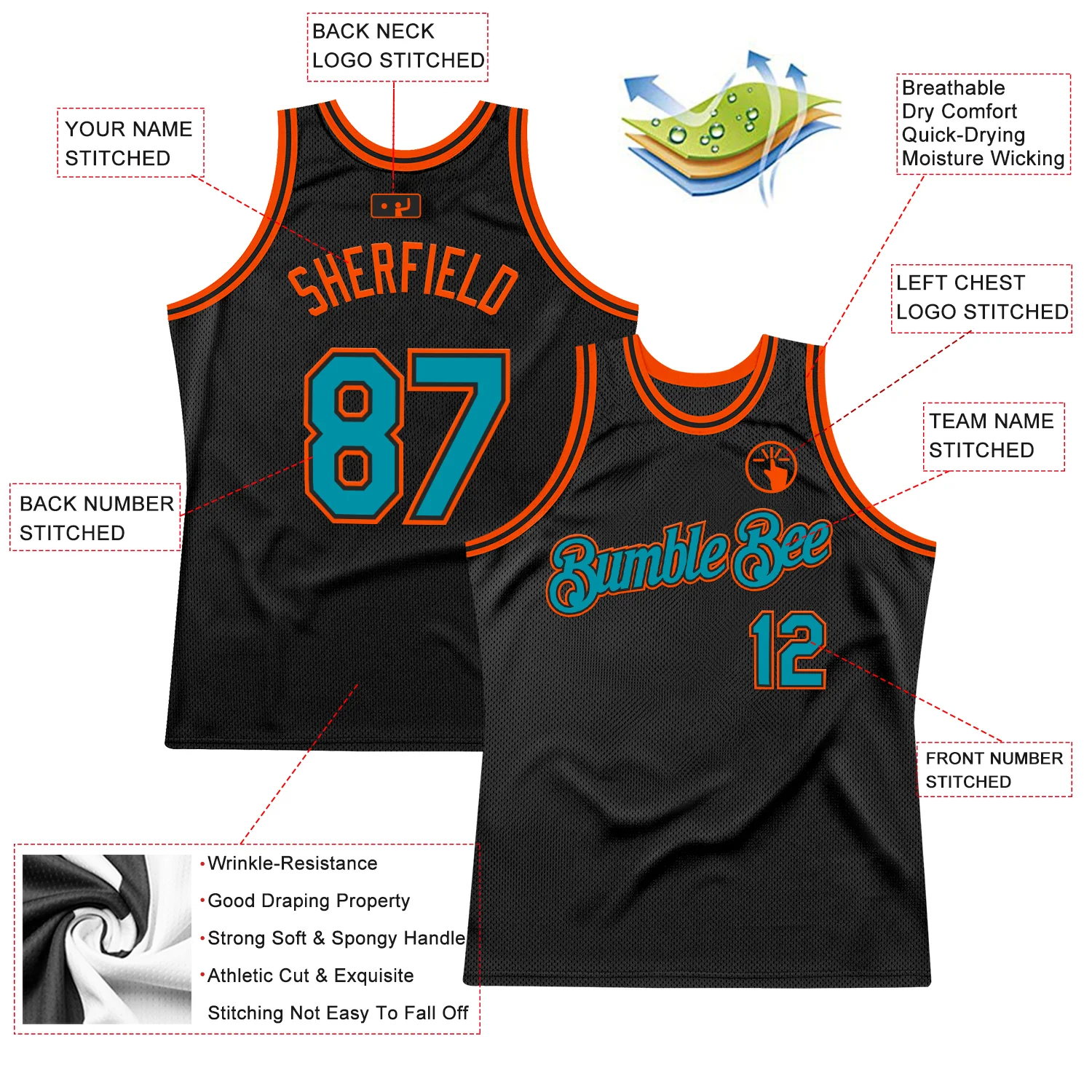 Custom Black Teal-Orange Authentic Throwback Basketball Jersey