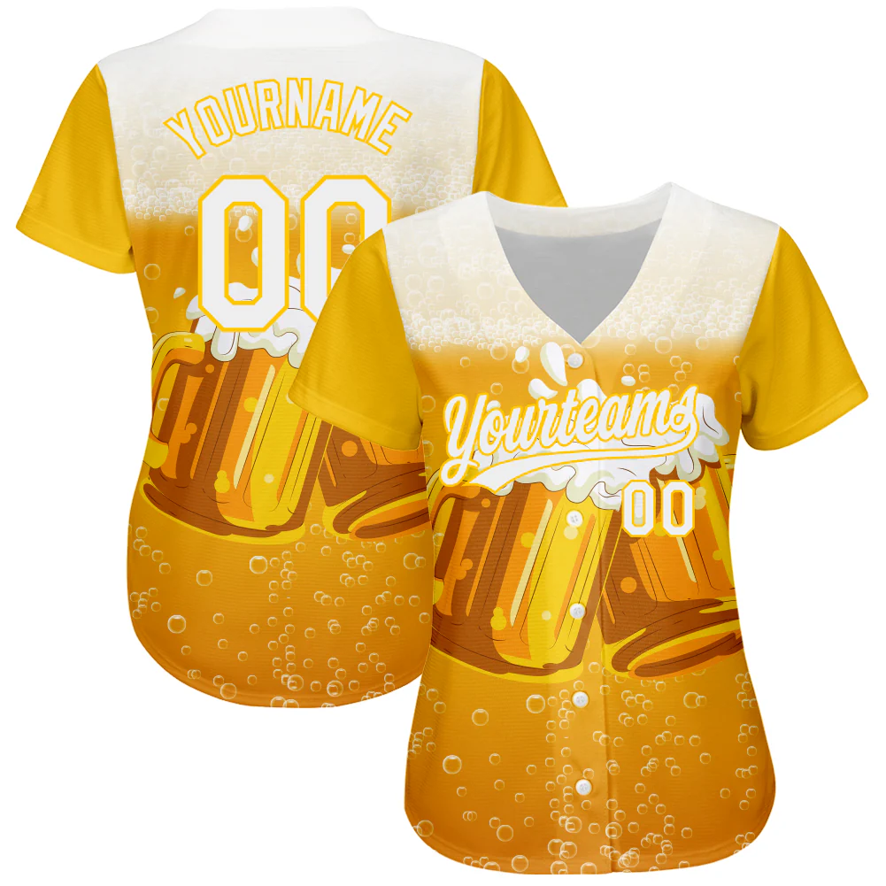Custom Yellow White 3D Pattern Design International Beer Day Authentic Baseball Jersey