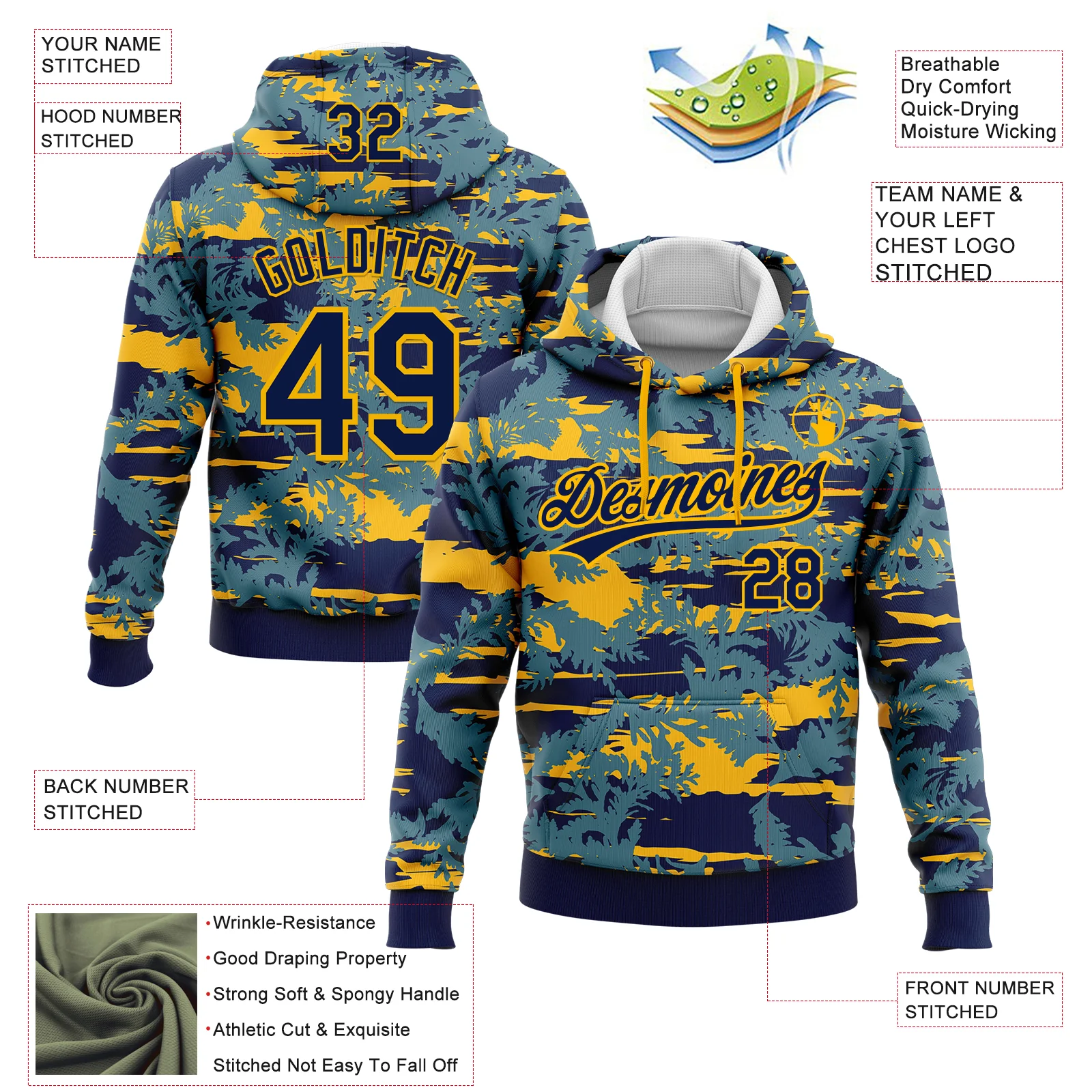 Custom Stitched Navy Gold 3D Pattern Design Thuja Branch Pullover Sweatshirt Hoodie