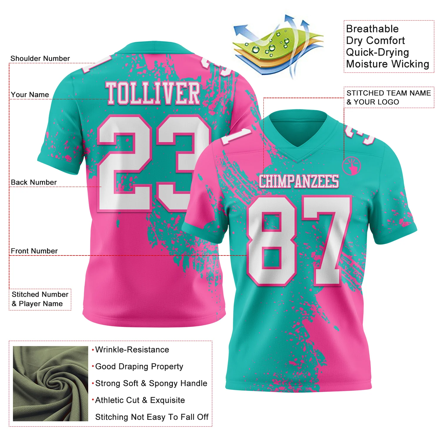 Custom Aqua White-Pink 3D Pattern Abstract Brush Stroke Authentic Football Jersey