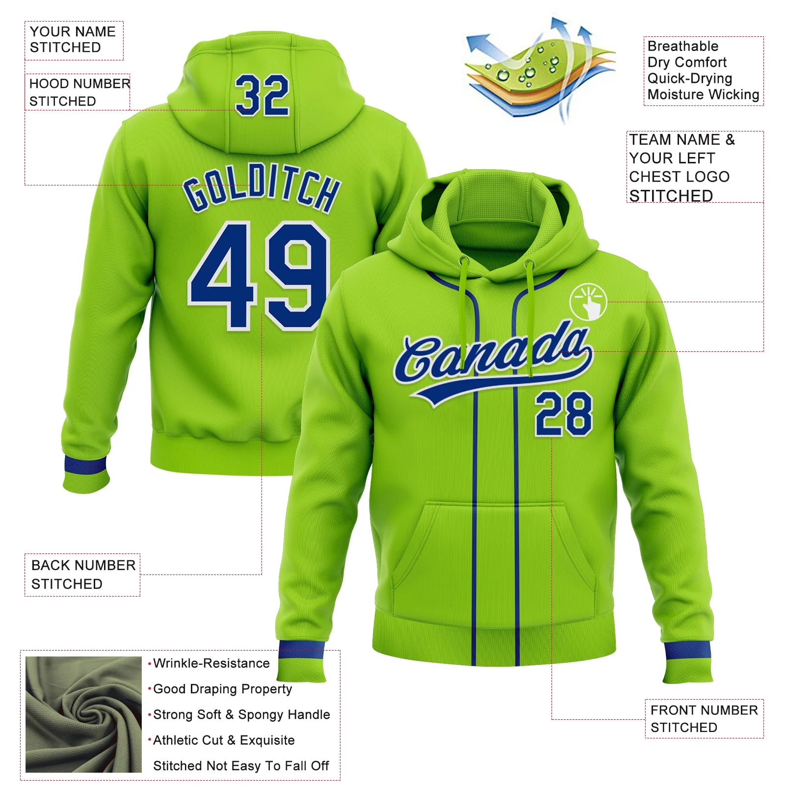 Custom Stitched Neon Green Royal-White Baseball Pullover Sweatshirt Hoodie