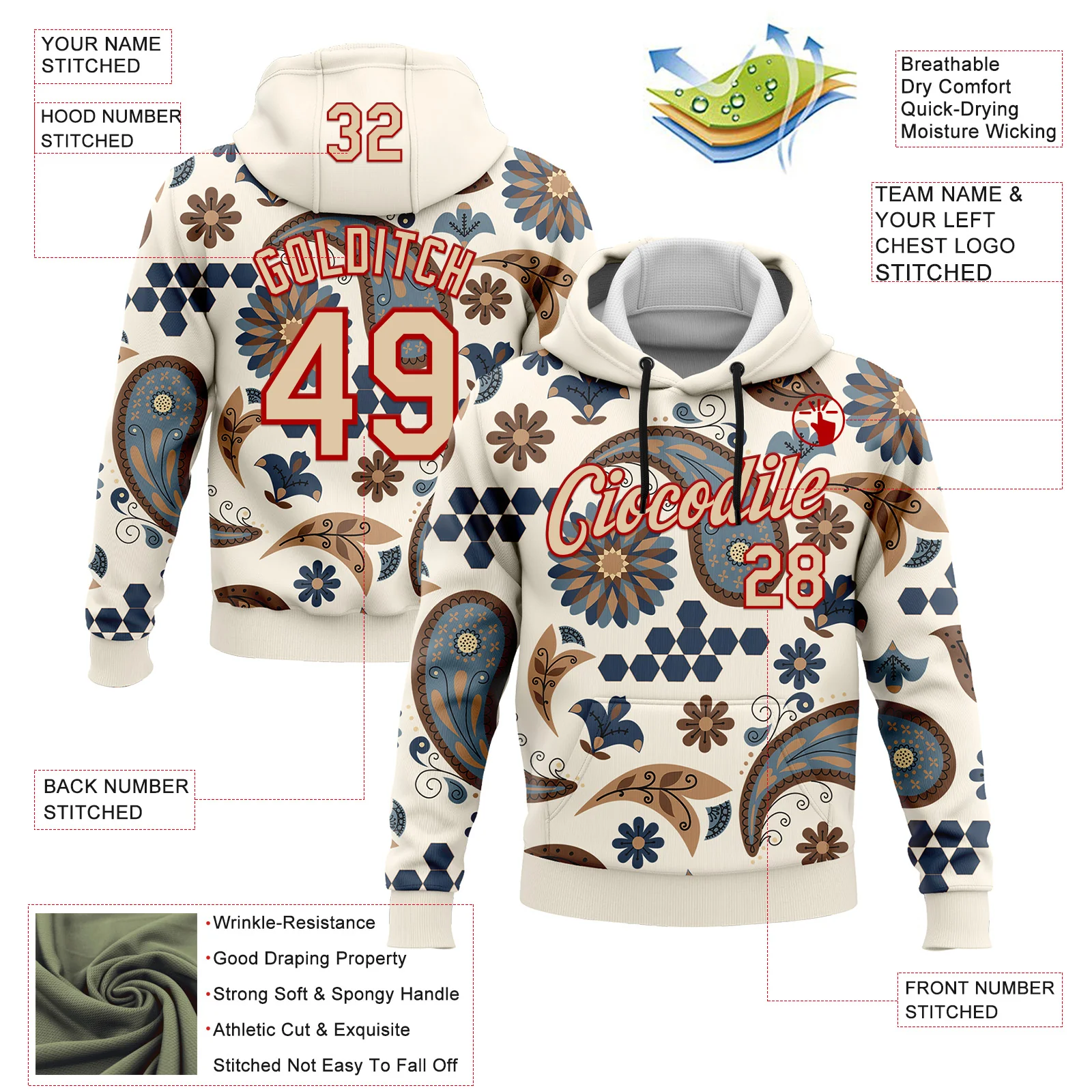 Custom Stitched Cream City Cream-Red 3D Pattern Design Ethnic Paisley Floral Bandana Sports Pullover Sweatshirt Hoodie