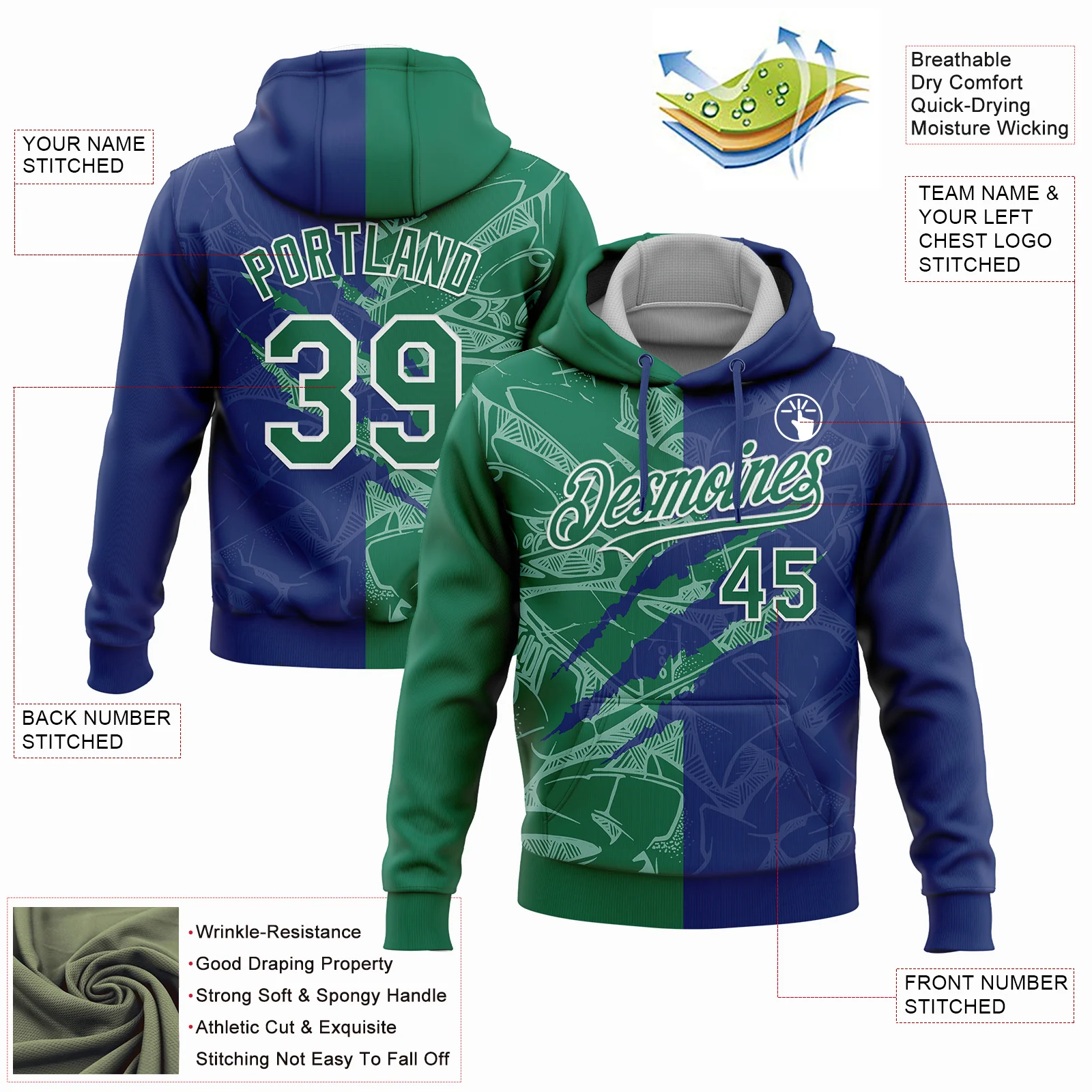 Custom Stitched Graffiti Pattern Kelly Green Royal-White 3D Scratch Sports Pullover Sweatshirt Hoodie