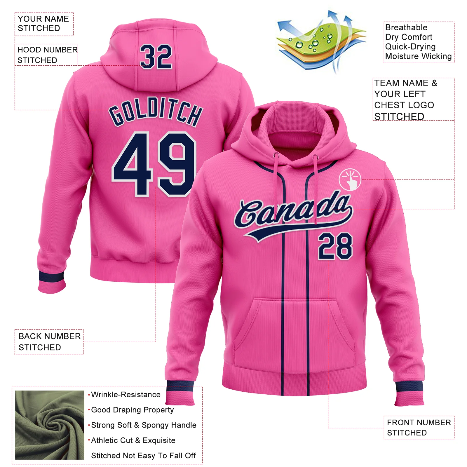 Custom Stitched Pink Navy-White Baseball Pullover Sweatshirt Hoodie