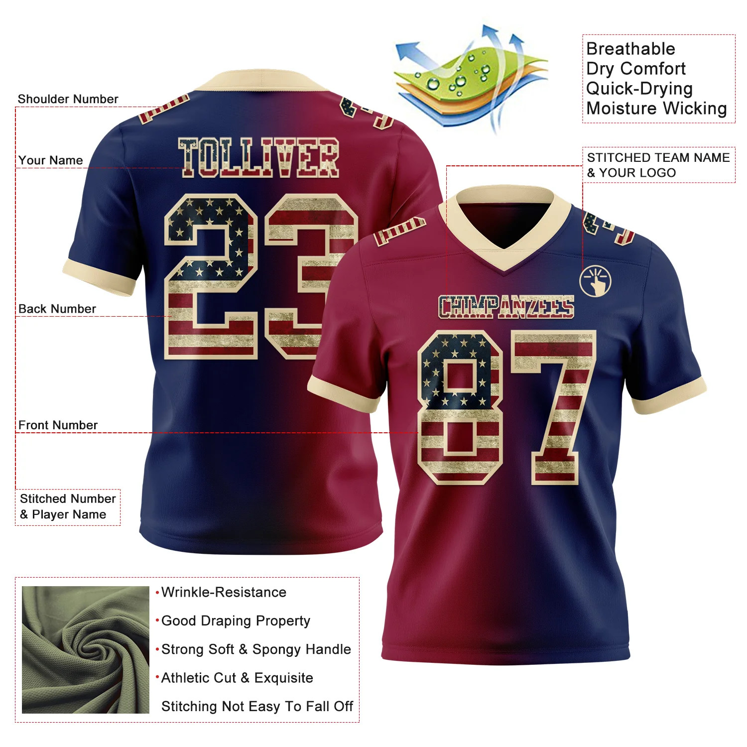 Custom Navy Vintage USA Flag Maroon-Cream Authentic Gradient Fashion Football Jersey