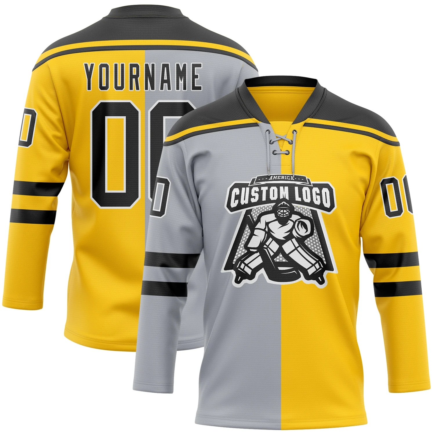 Custom Yellow Black Gray-White Split Fashion Hockey Lace Neck Jersey