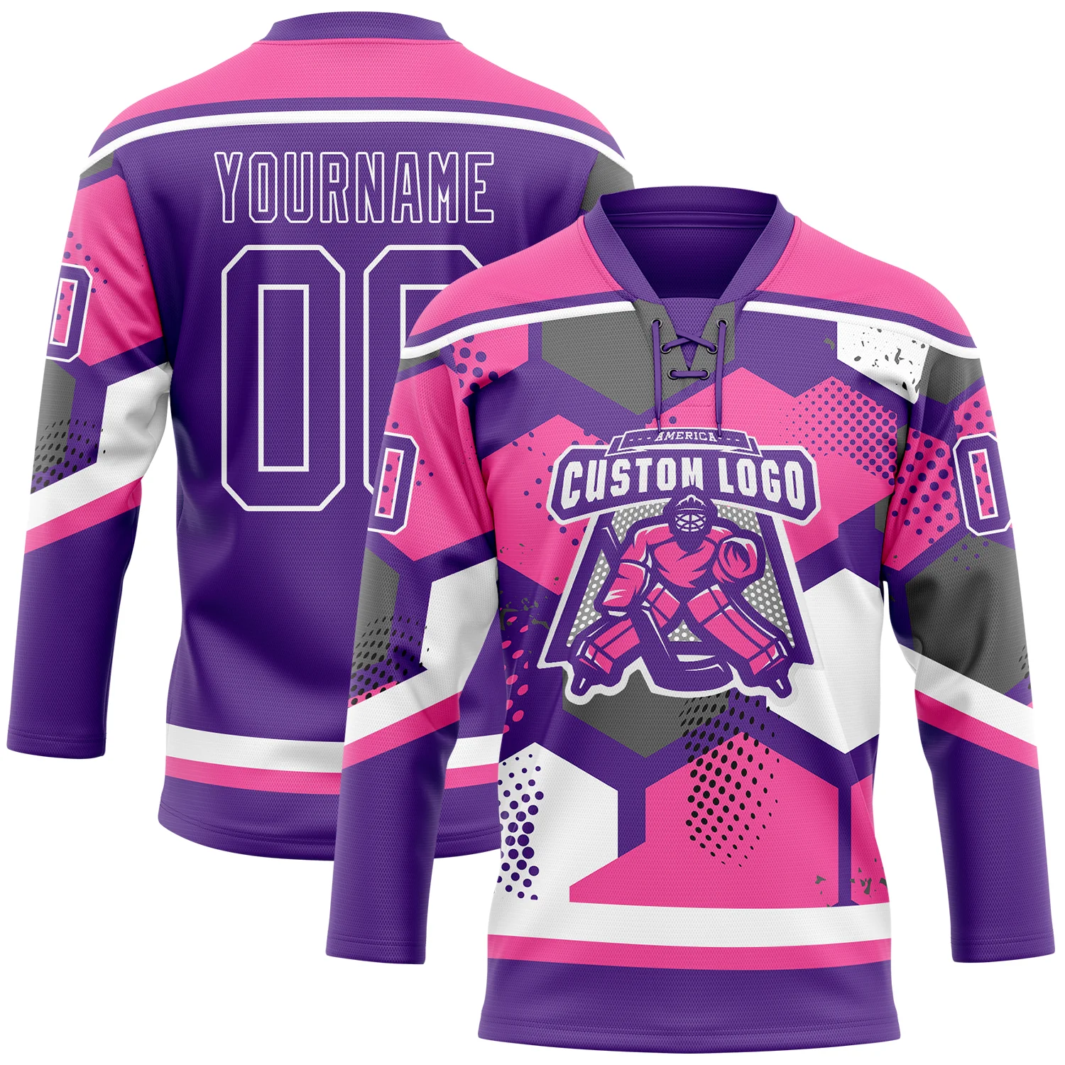 Custom Pink Purple-White 3D Pattern Geometric Shape Hockey Lace Neck Jersey