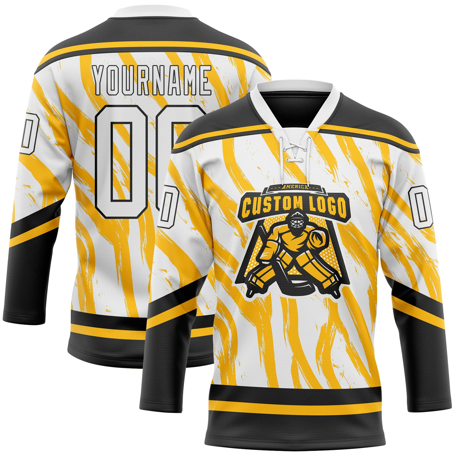 Custom White Gold-Black 3D Pattern Abstract Boston Inspired Fluid Hockey Lace Neck Jersey