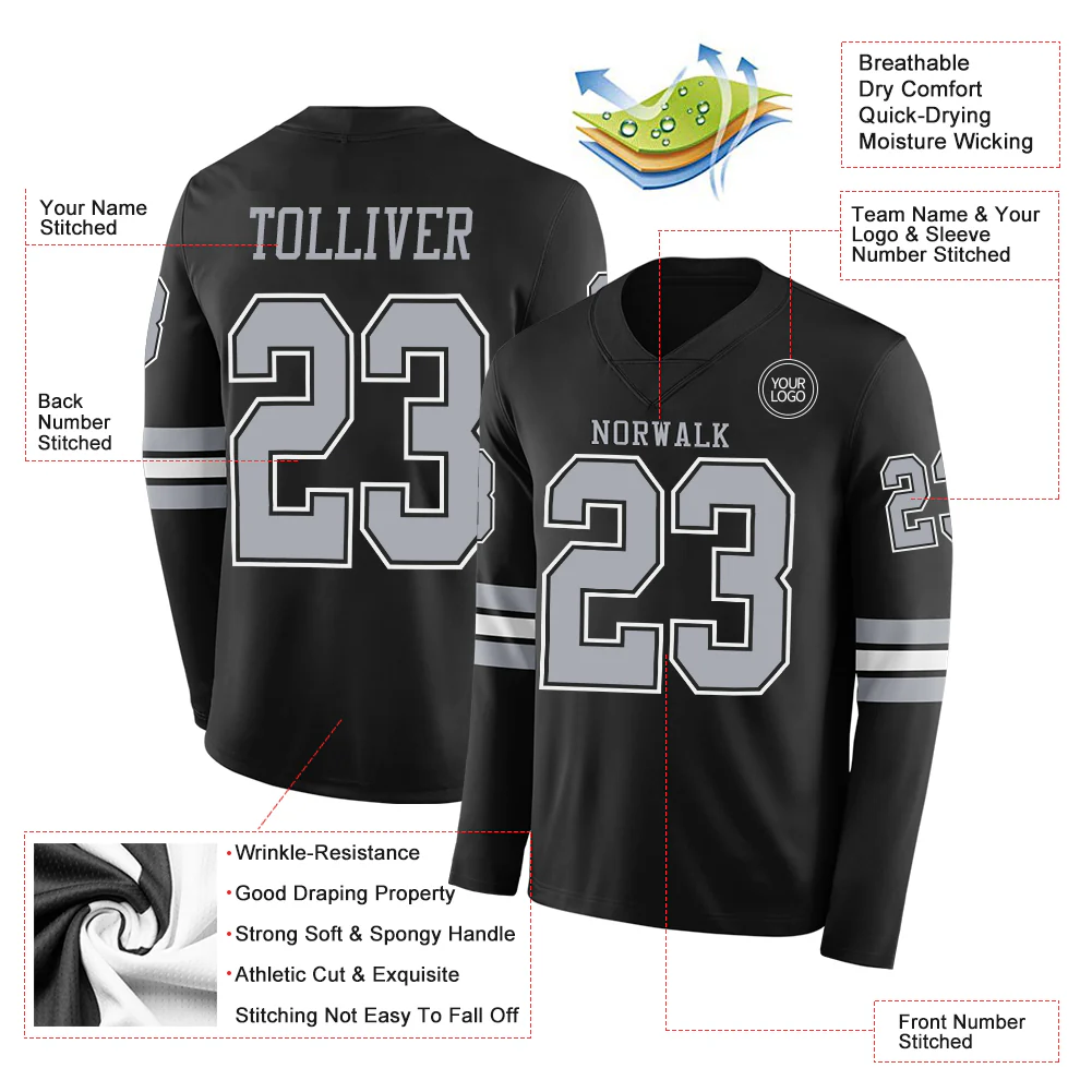 Custom Black Gray Long Sleeve Authentic Football Jersey