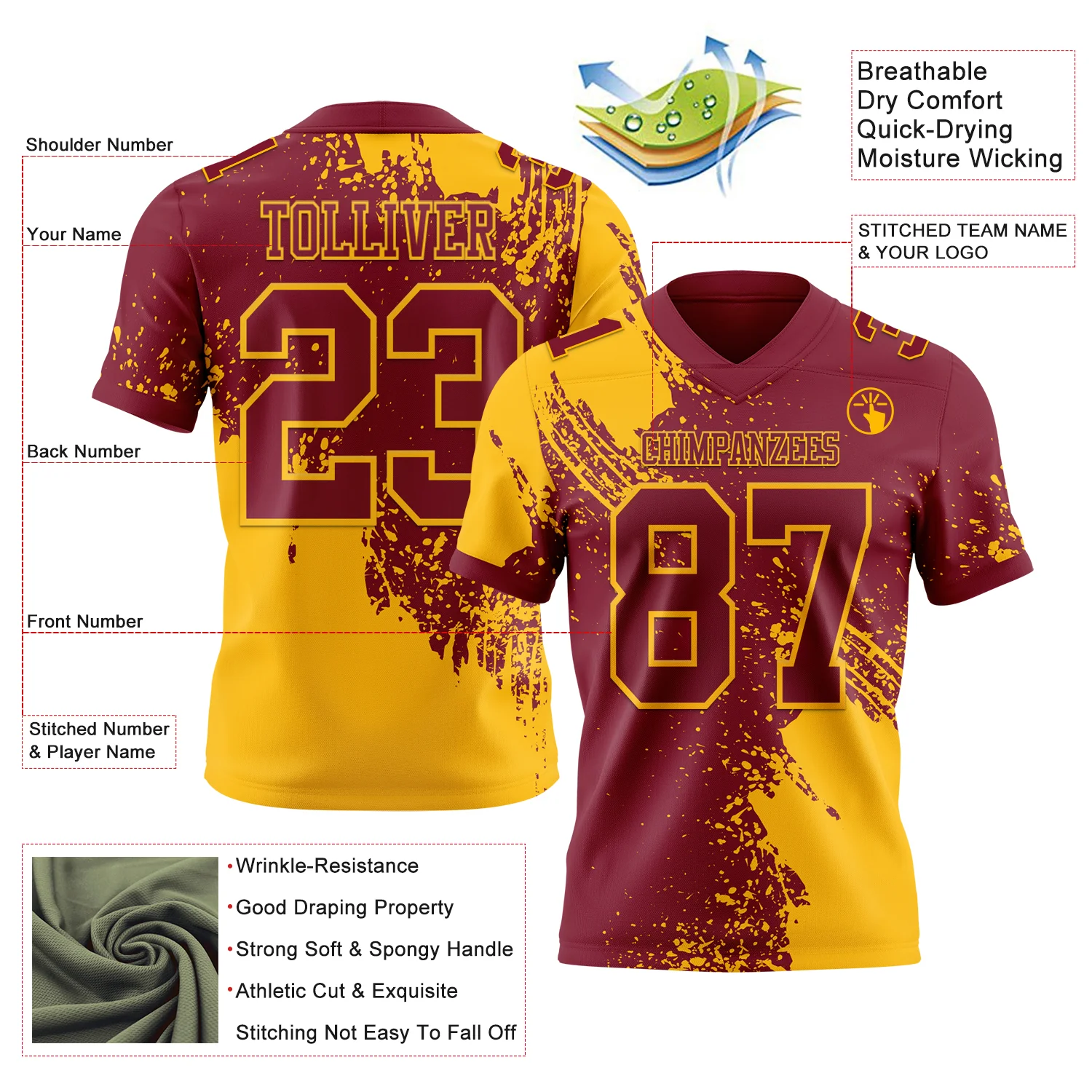 Custom Crimson Gold 3D Pattern Abstract Brush Stroke Authentic Football Jersey