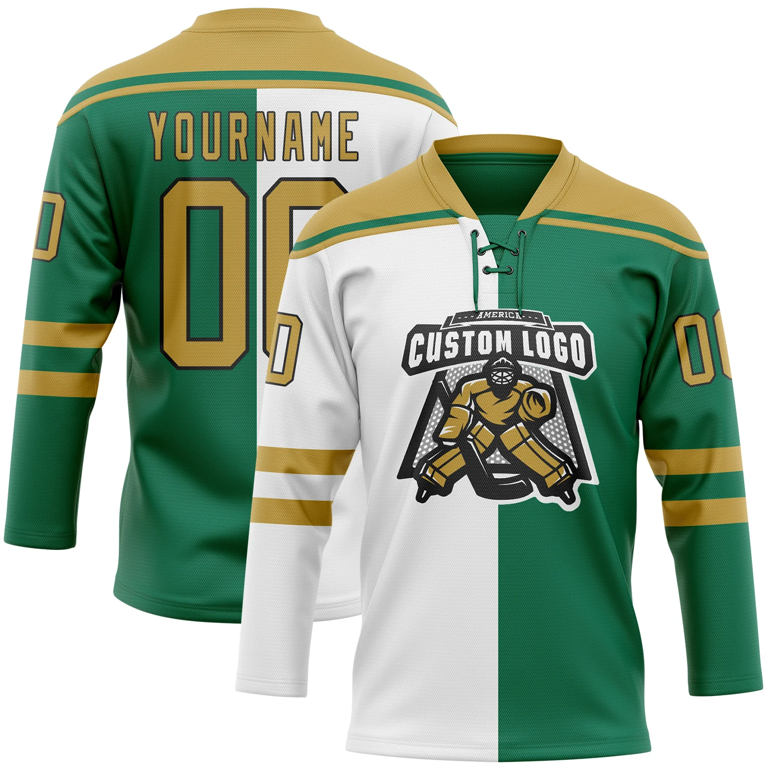 Custom Kelly Green Old Gold Black-White Split Fashion Hockey Lace Neck Jersey