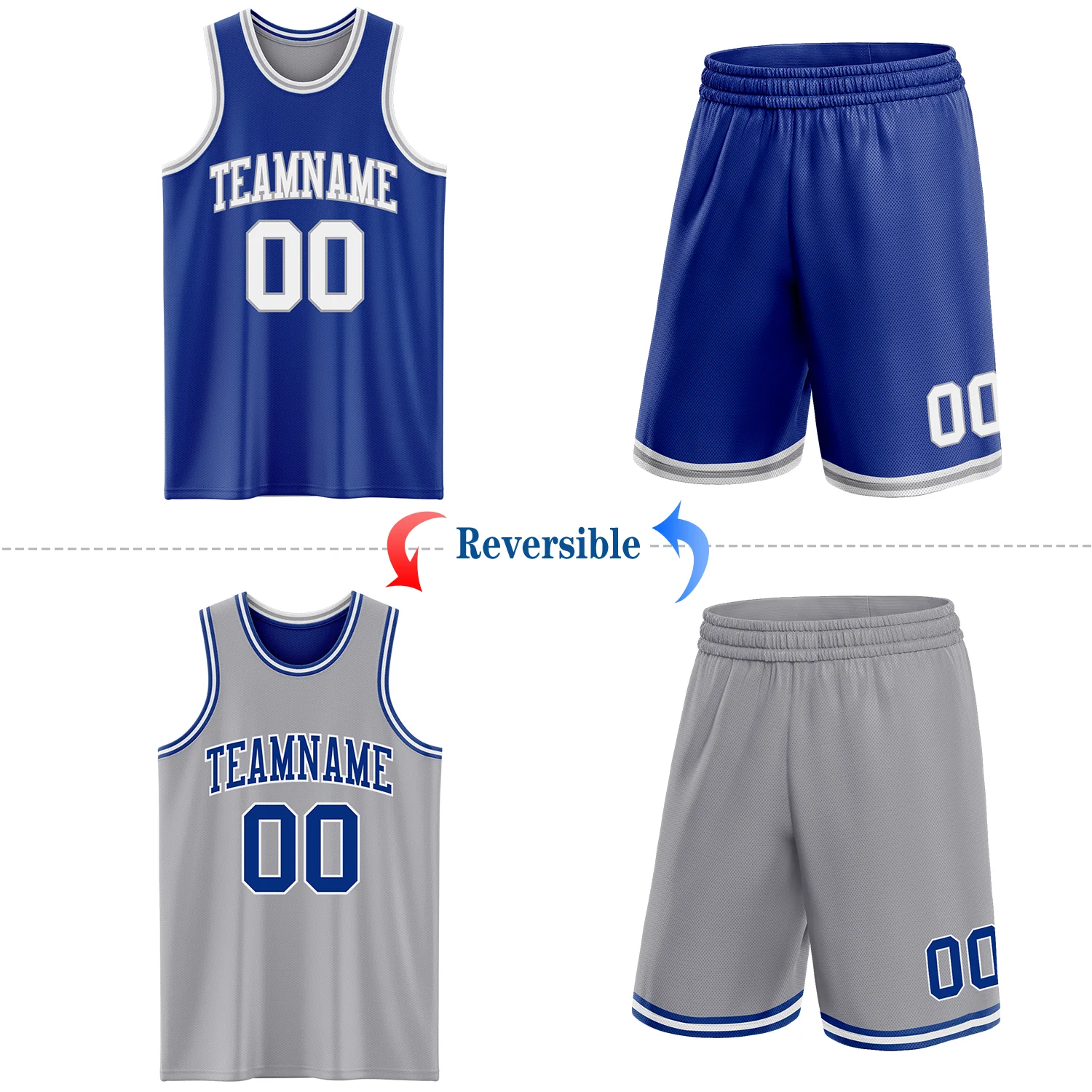 Custom Royal White-Gray Reversible Double Side Sublimation Basketball Suit Jersey