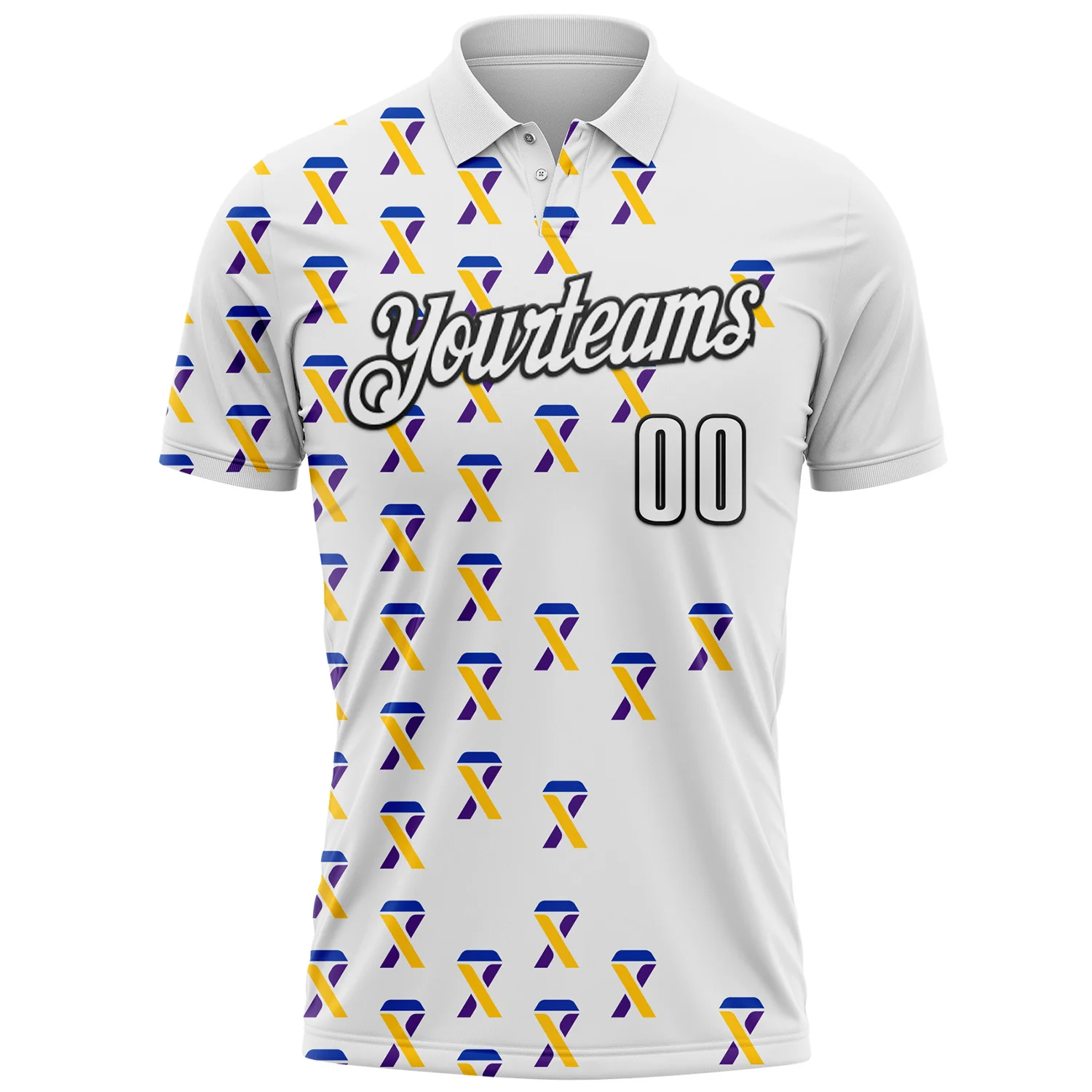 Custom White Black 3D Pattern Design Yellow Purple And Navy Ribbon Bladder Cancer Awareness Performance Polo Shirt