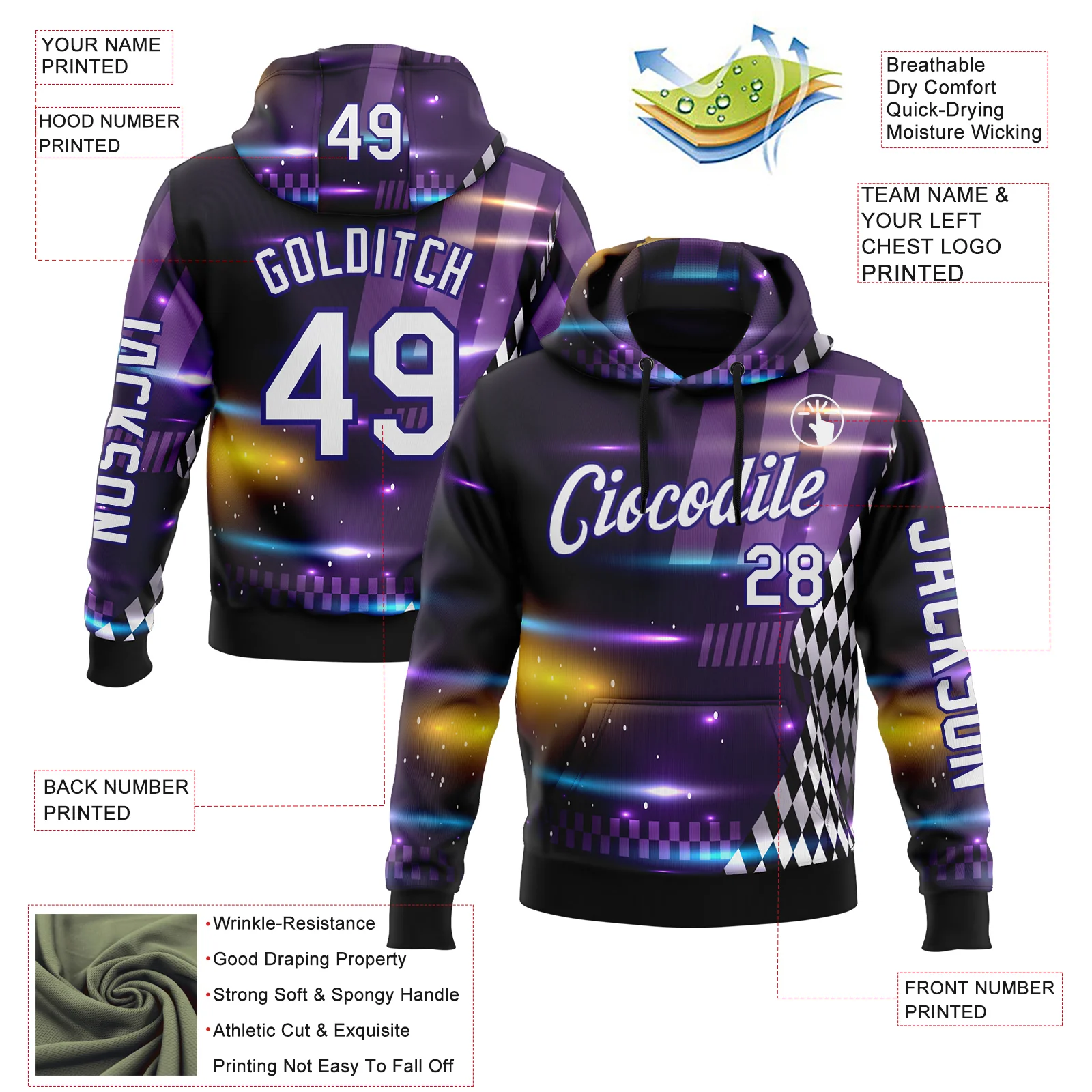 Custom Purple White Dark Purple-Black 3D Pattern Design Formula Auto Car Racing Motorsport Sports Pullover Sweatshirt Hoodie