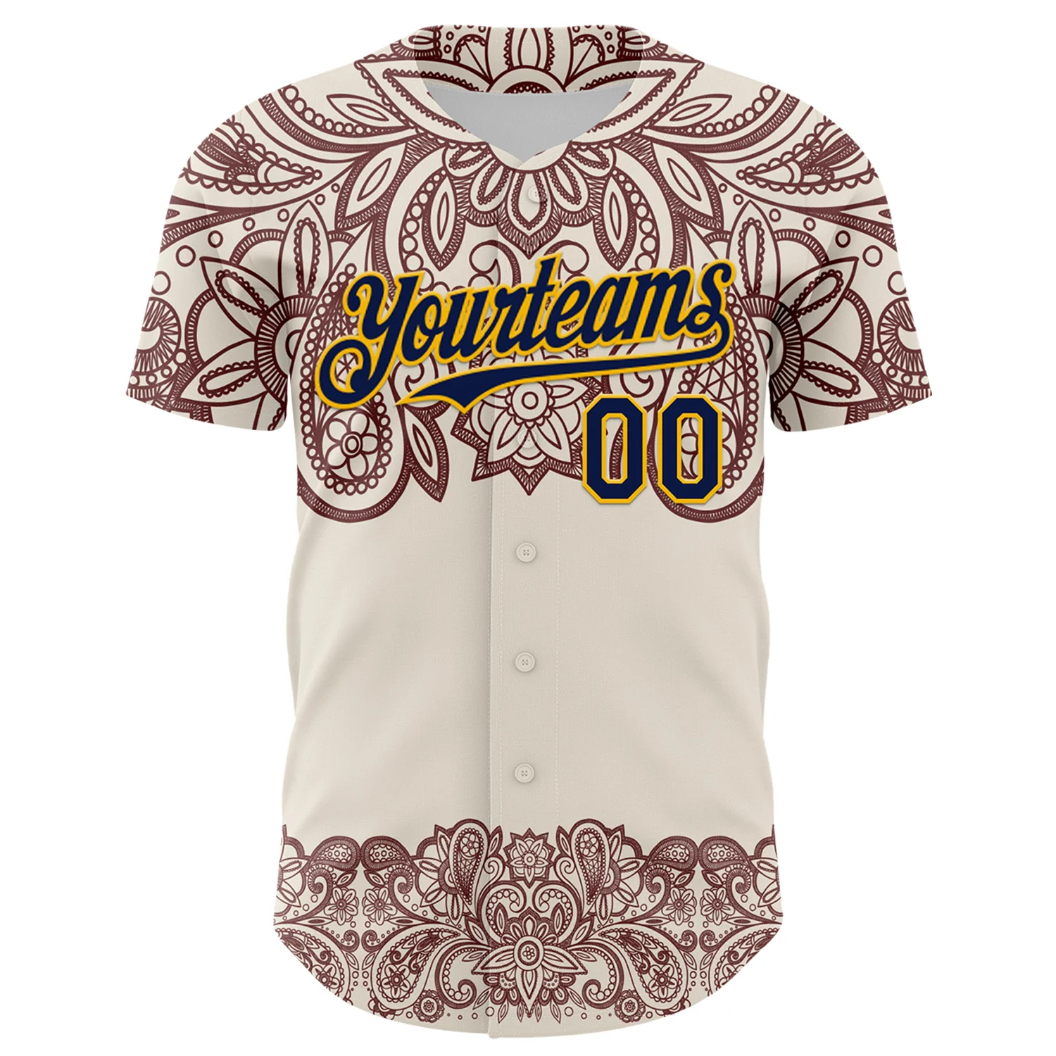 Custom Cream Navy Red-Yellow 3D Pattern Design Burner Costumes Paisley Bandana Authentic Baseball Jersey