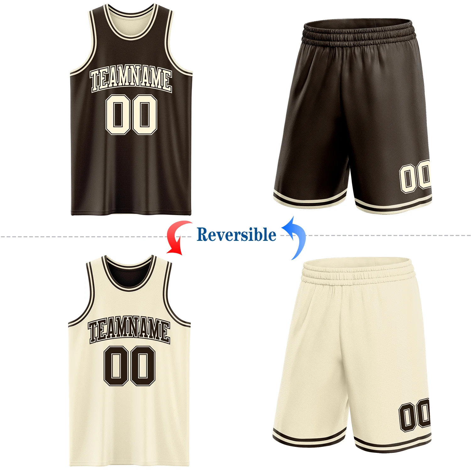 Custom Reversible Brown Cream Double Side Sublimation Basketball Suit Jersey