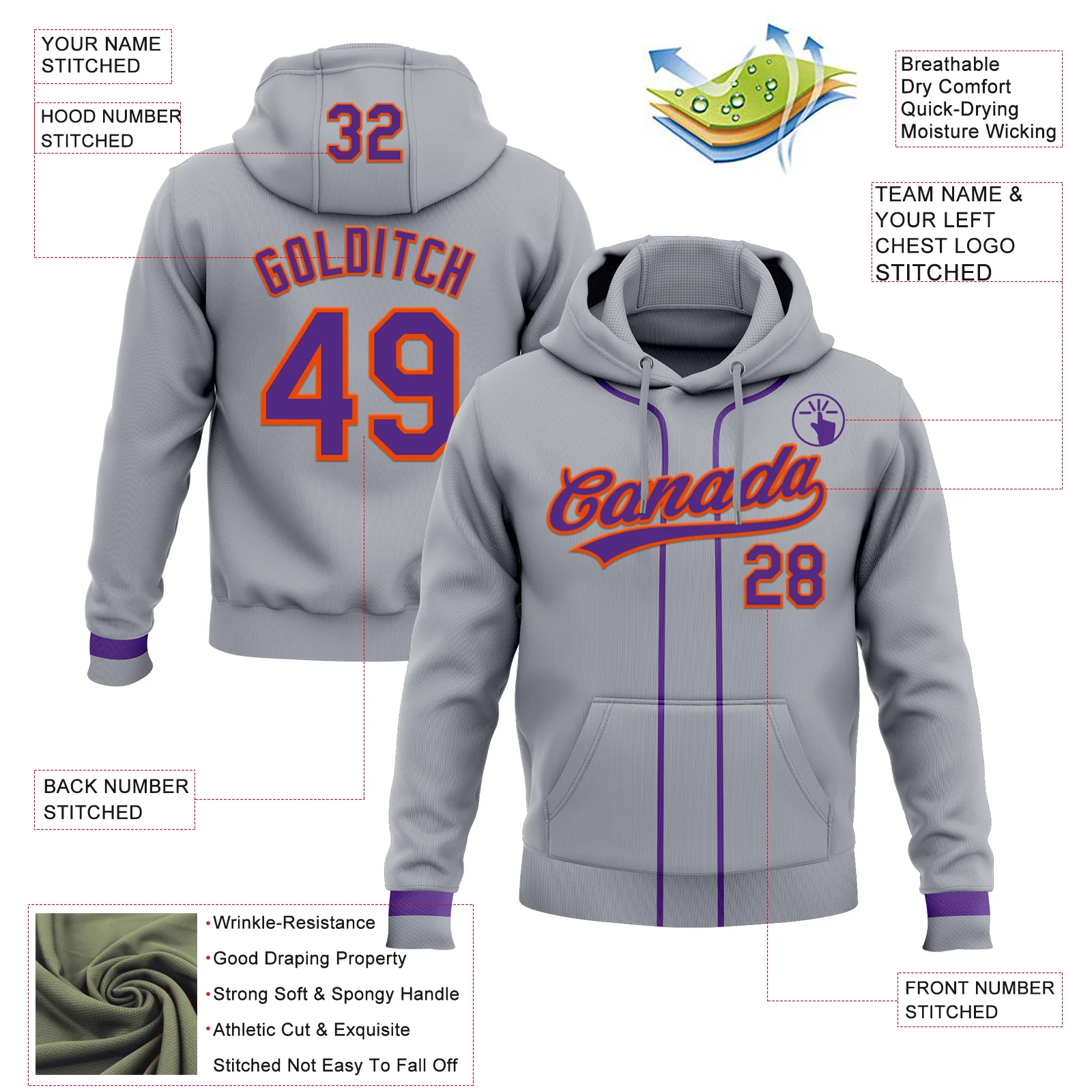 Custom Stitched Gray Purple-Orange Baseball Pullover Sweatshirt Hoodie