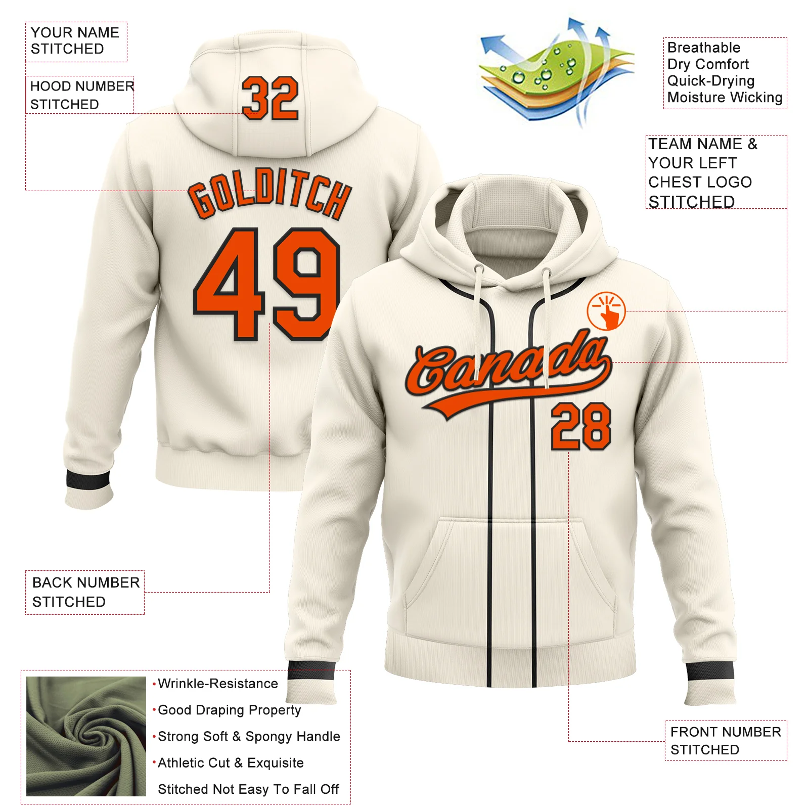 Custom Stitched Cream Orange-Black Baseball Pullover Sweatshirt Hoodie