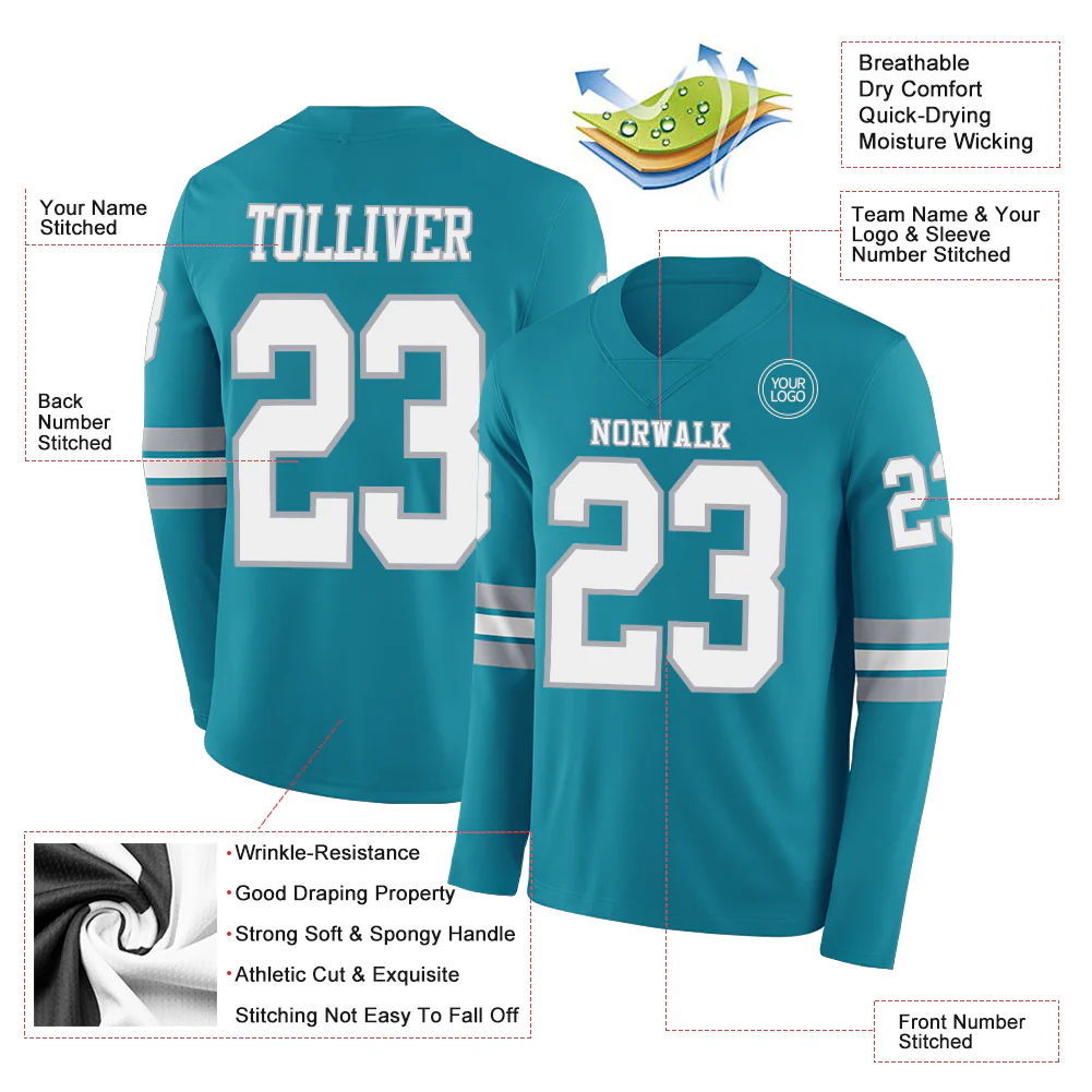 Custom Teal White-Gray Long Sleeve Authentic Football Jersey