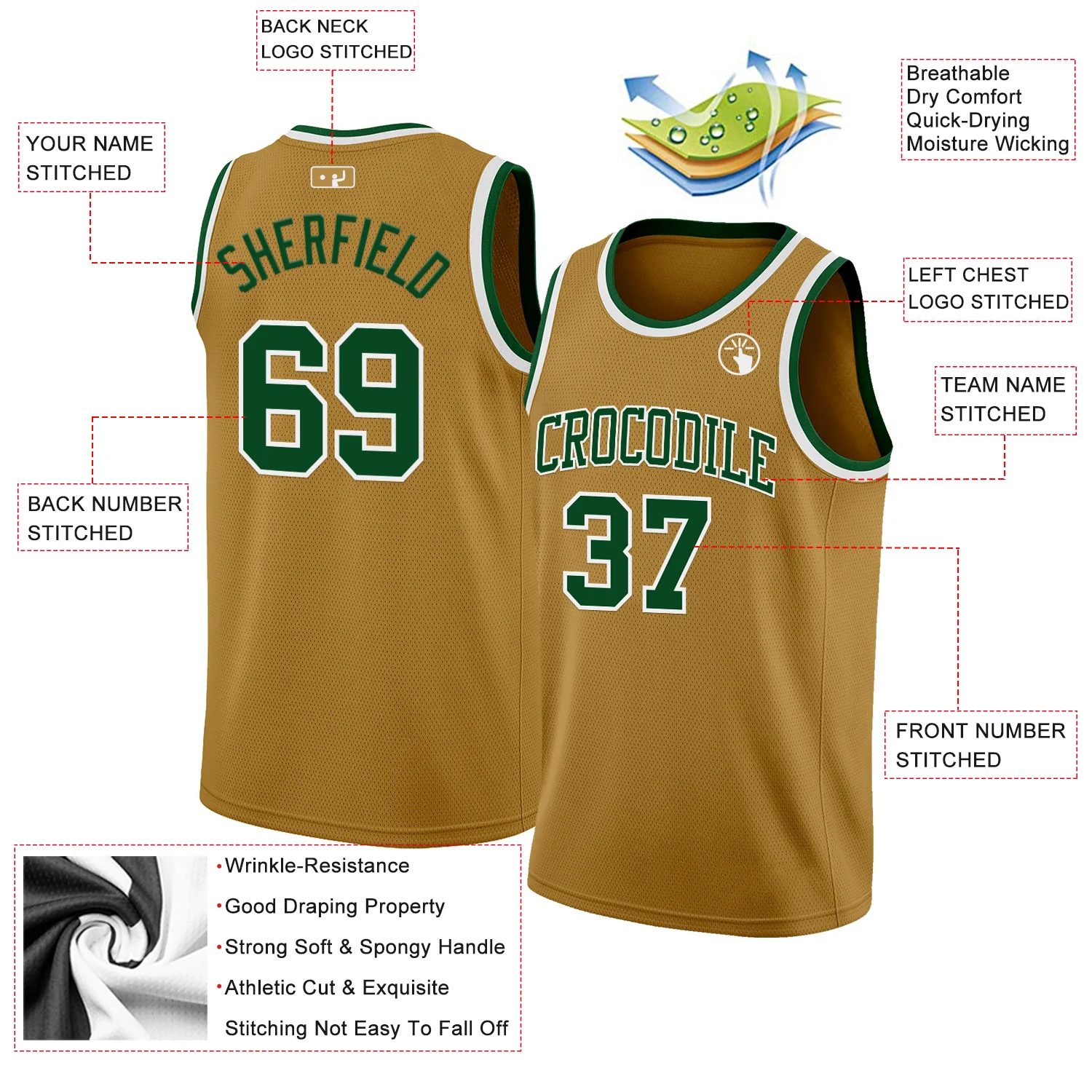 Custom Old Gold Green-White Authentic Basketball Jersey