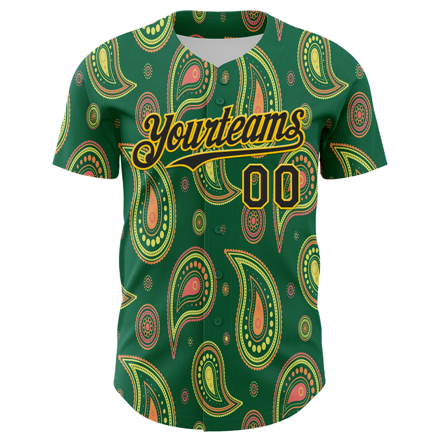 Custom Kelly Green Black-Yellow 3D Pattern Design Burner Costumes Paisley Bandana Authentic Baseball Jersey