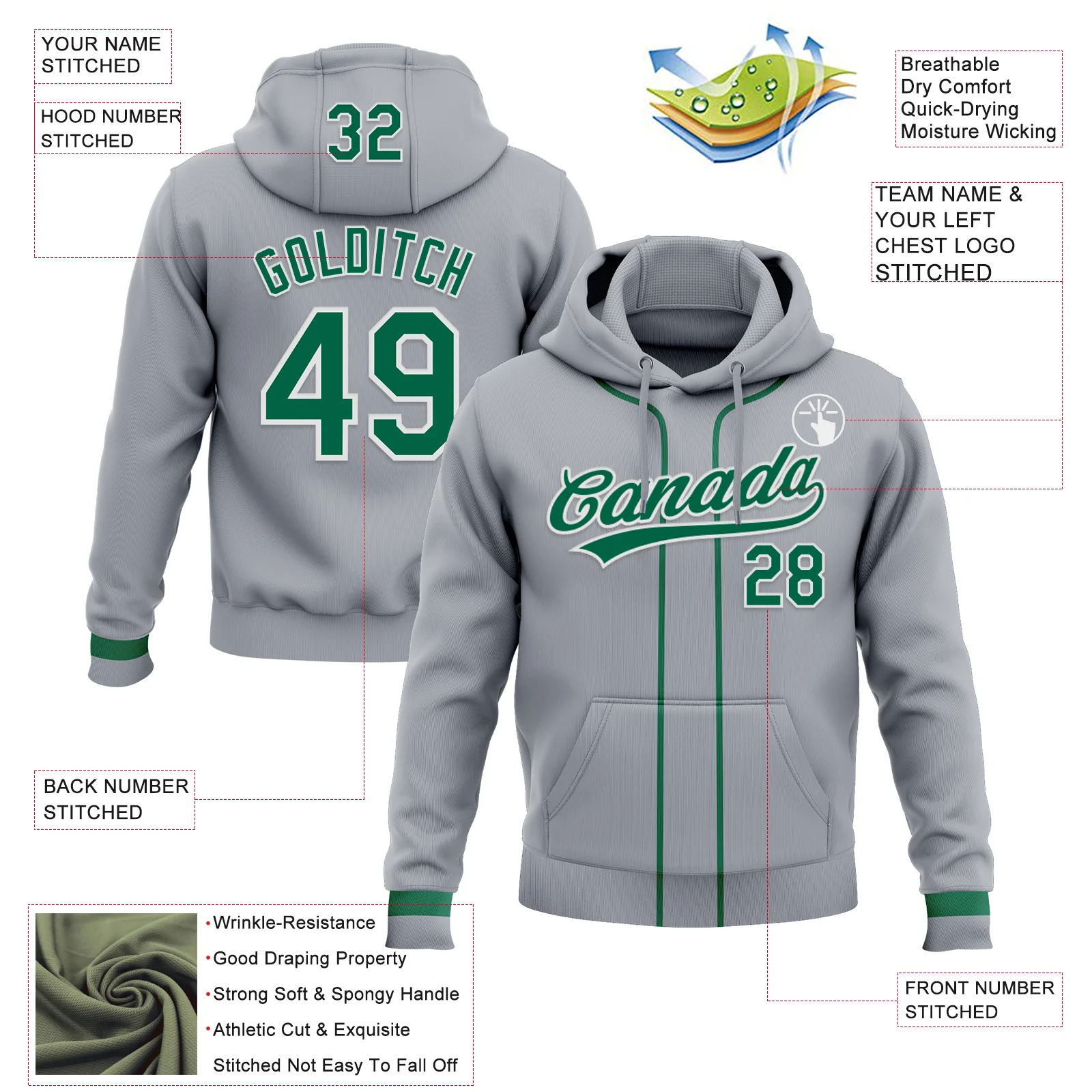 Custom Stitched Gray Kelly Green-White Baseball Pullover Sweatshirt Hoodie