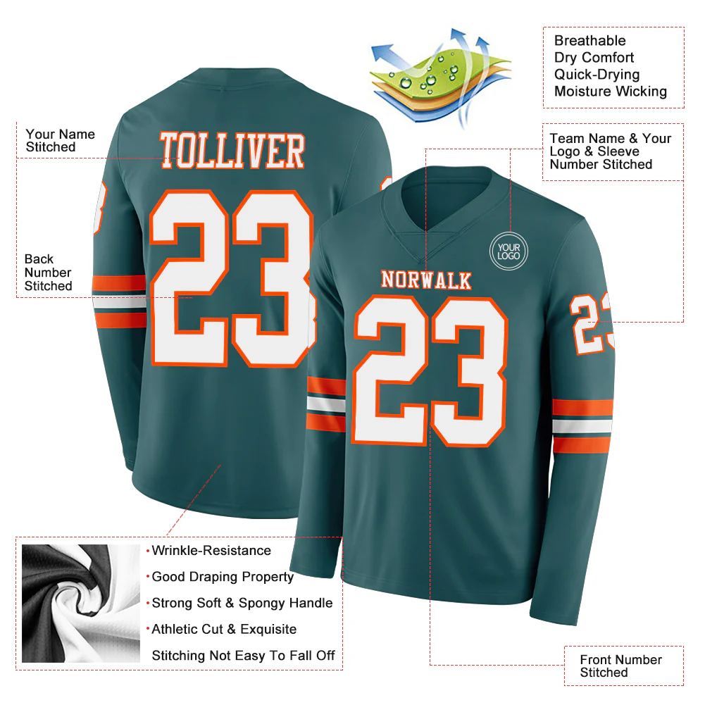 Custom Midnight Green White-Orange Long Sleeve Authentic Football Jersey