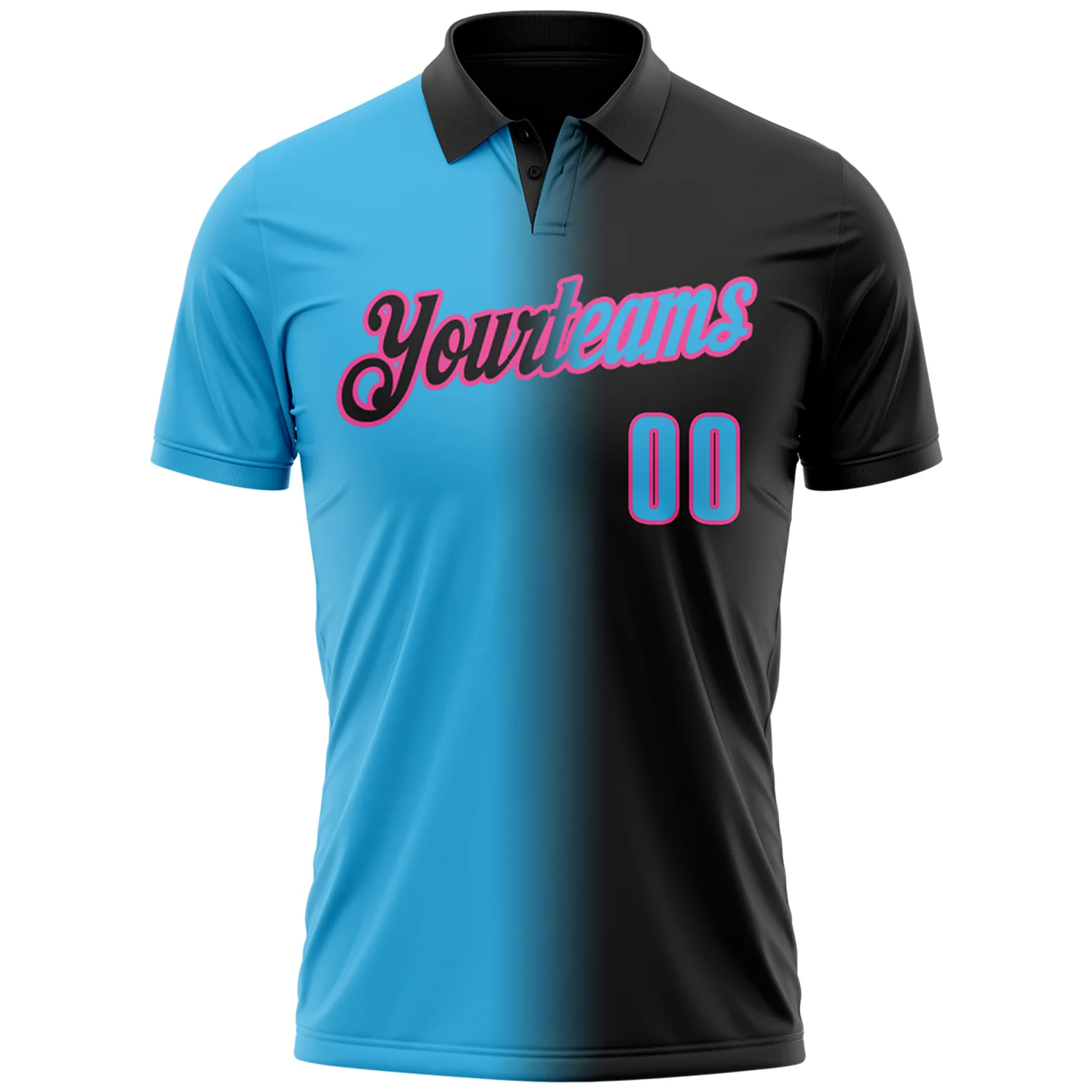 Custom Black Sky Blue-Pink 3D Gradient Fashion Performance Polo Shirt