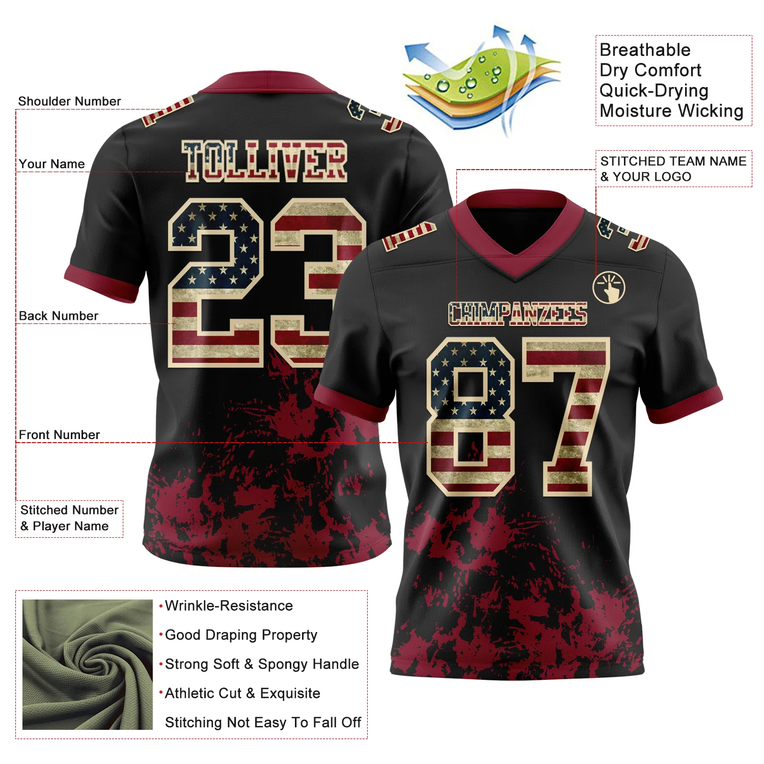Custom Black Vintage USA Flag Crimson-Cream 3D Pattern Splash Authentic Football Jersey