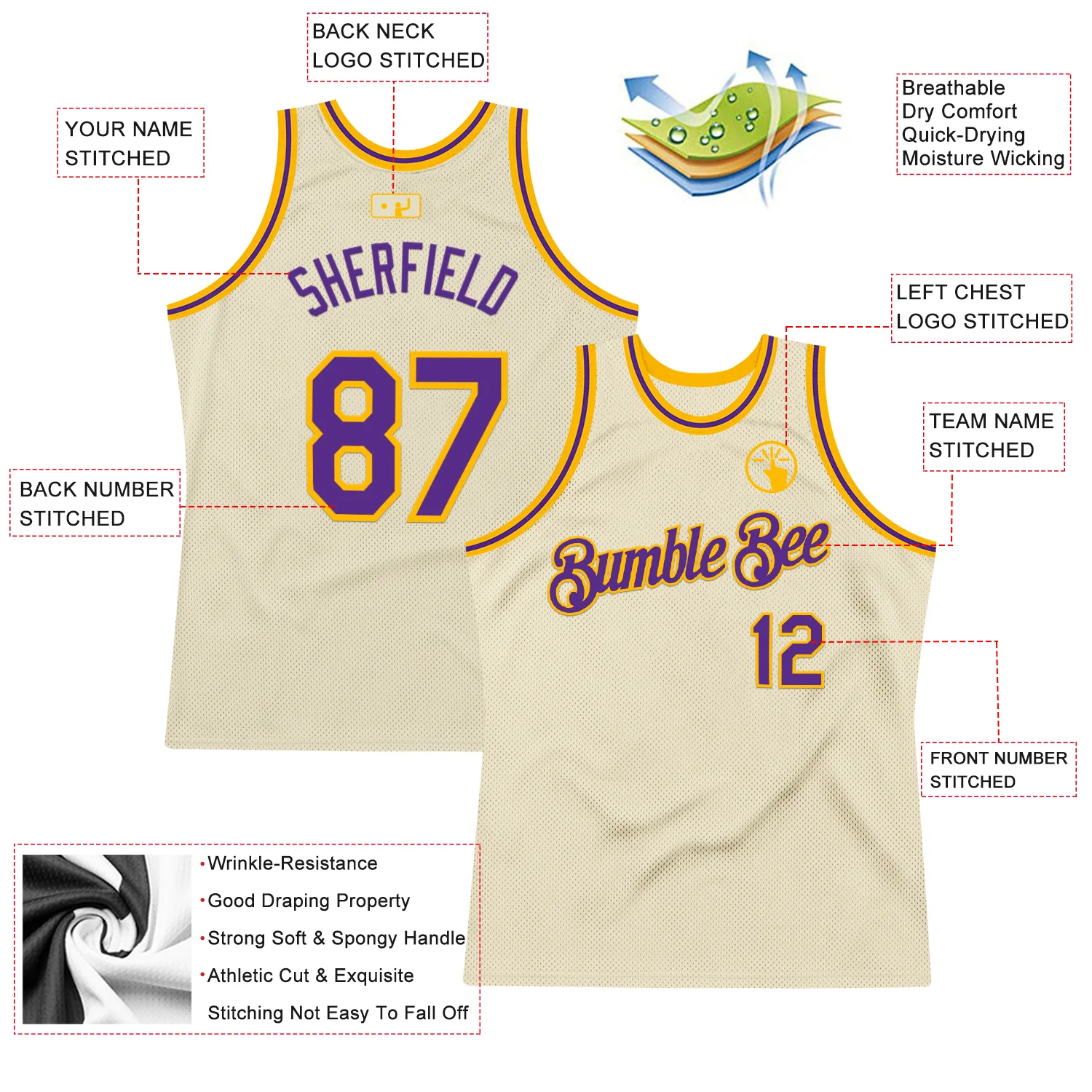 Custom Cream Purple-Gold Authentic Throwback Basketball Jersey
