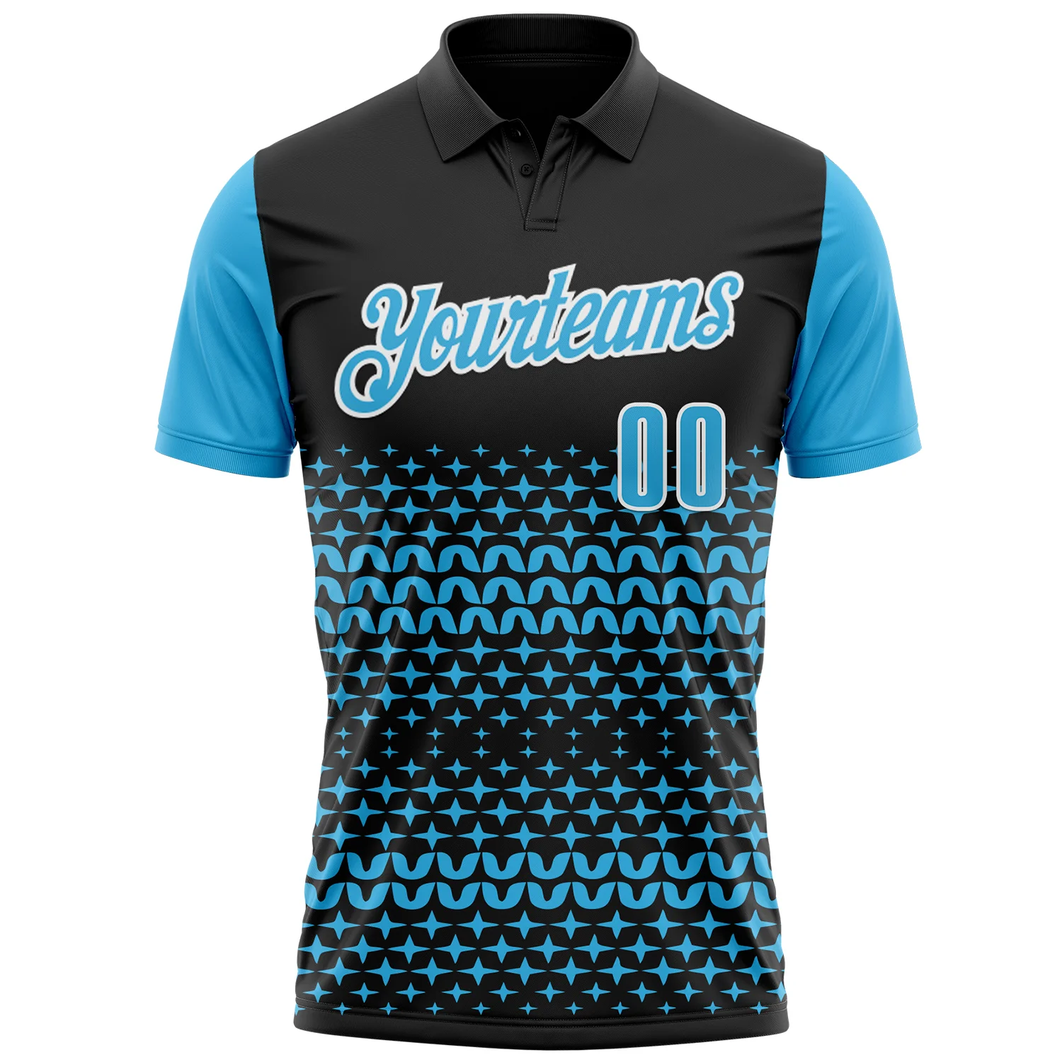 Custom Black Sky Blue-White 3D Pattern Design Star Performance Polo Shirt