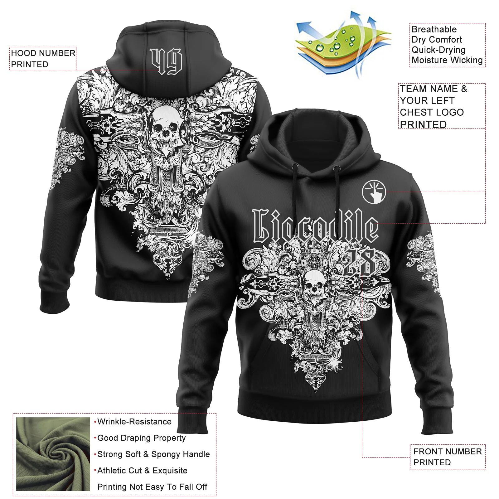 Custom Black White 3D Skull Gothic Floral Vintage Sports Pullover Sweatshirt Hoodie