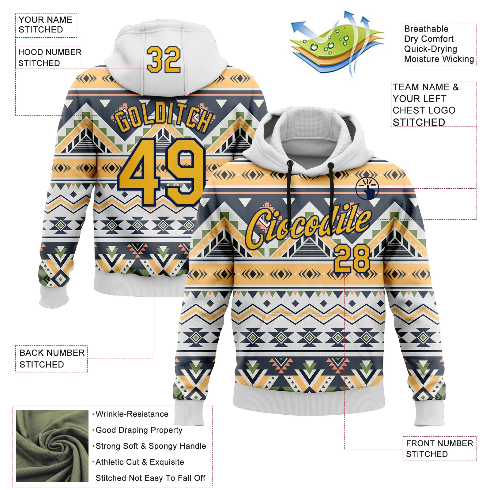 Custom Stitched White Gold Gray Green-Navy 3D Mexico Aztec Pattern Sports Pullover Sweatshirt Hoodie