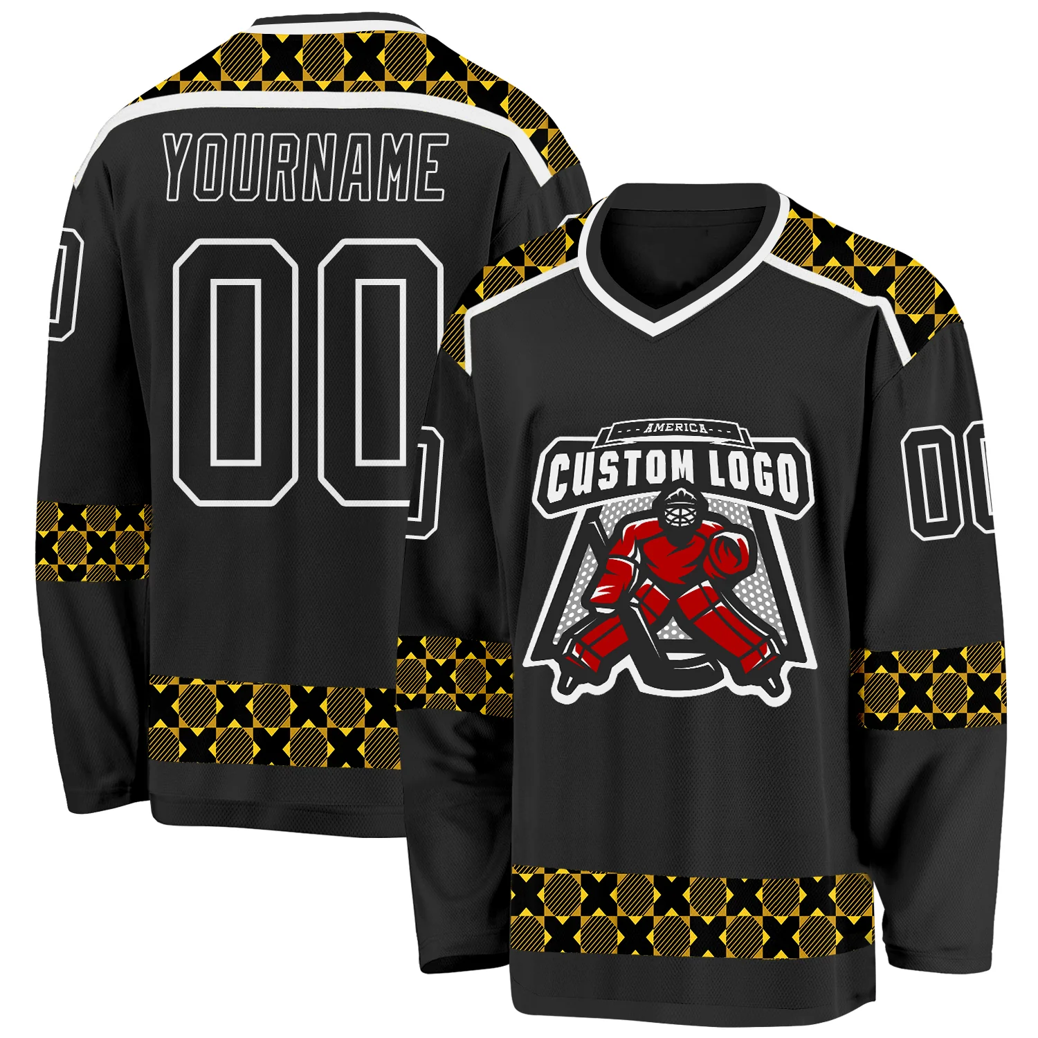 Custom Black Yellow-White 3D Pattern Plaid Hockey Jersey