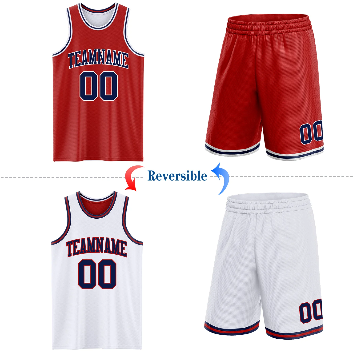 Custom Red Navy-White Reversible Double Side Sublimation Basketball Suit Jersey