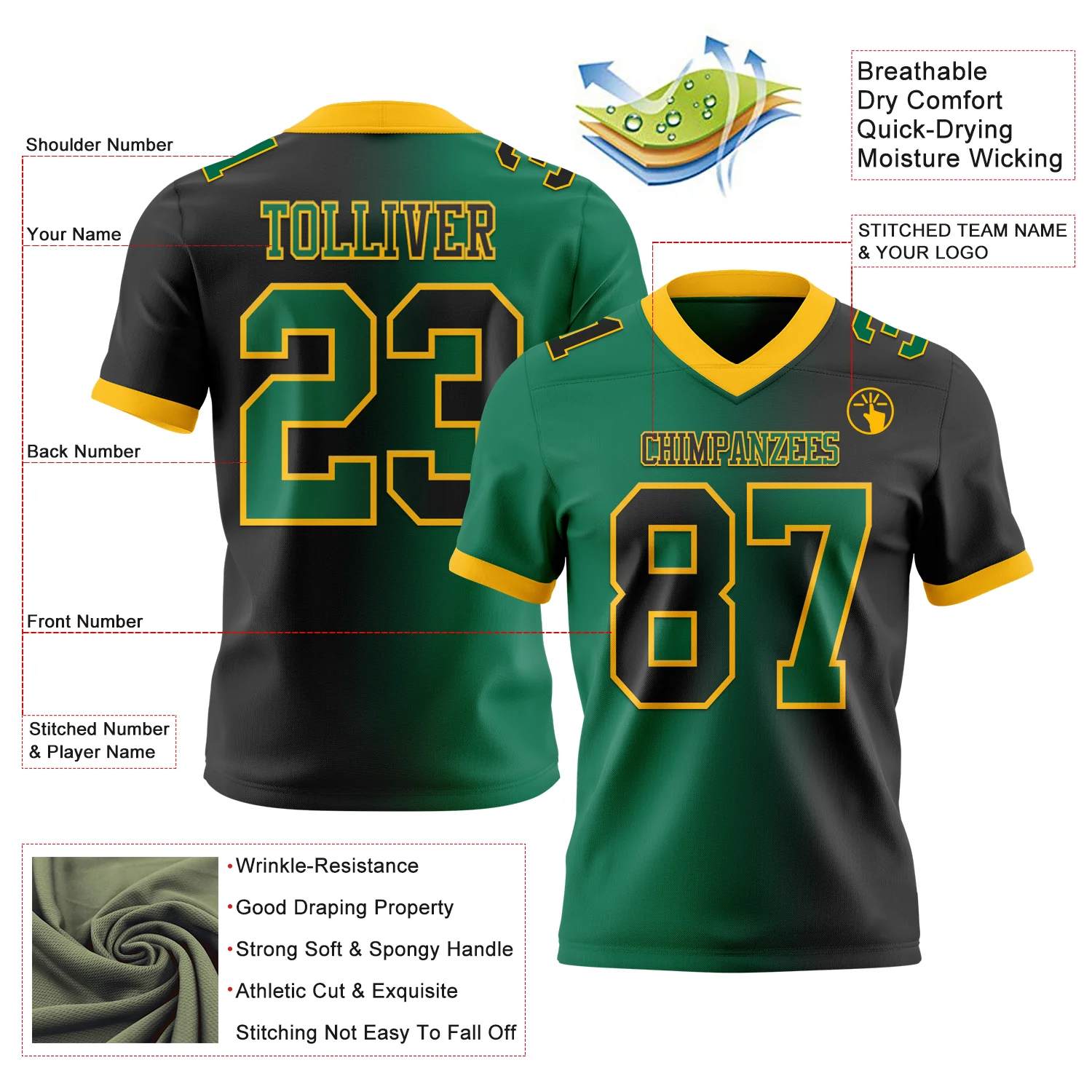 Custom Black Kelly Green-Gold Authentic Gradient Fashion Football Jersey
