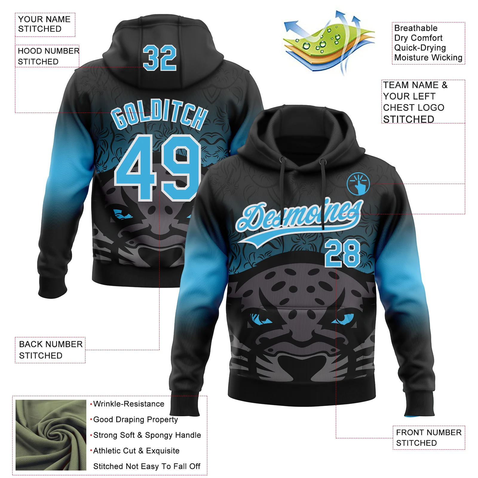 Custom Stitched Black Sky Blue-White 3D Pattern Design Leopardo Sports Pullover Sweatshirt Hoodie