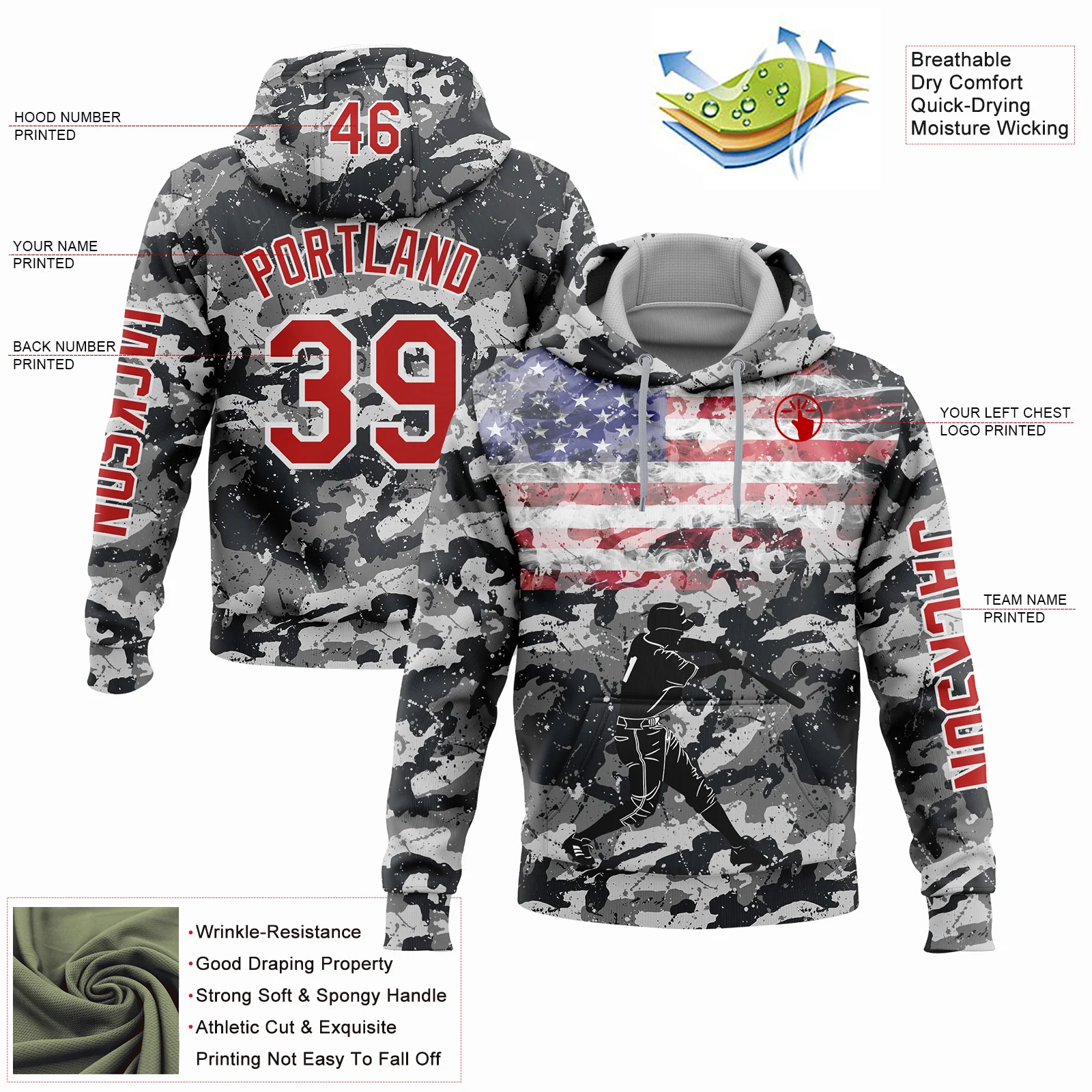 Custom Camo Red-White 3D USA Flag Sports Pullover Sweatshirt Salute To Service Hoodie