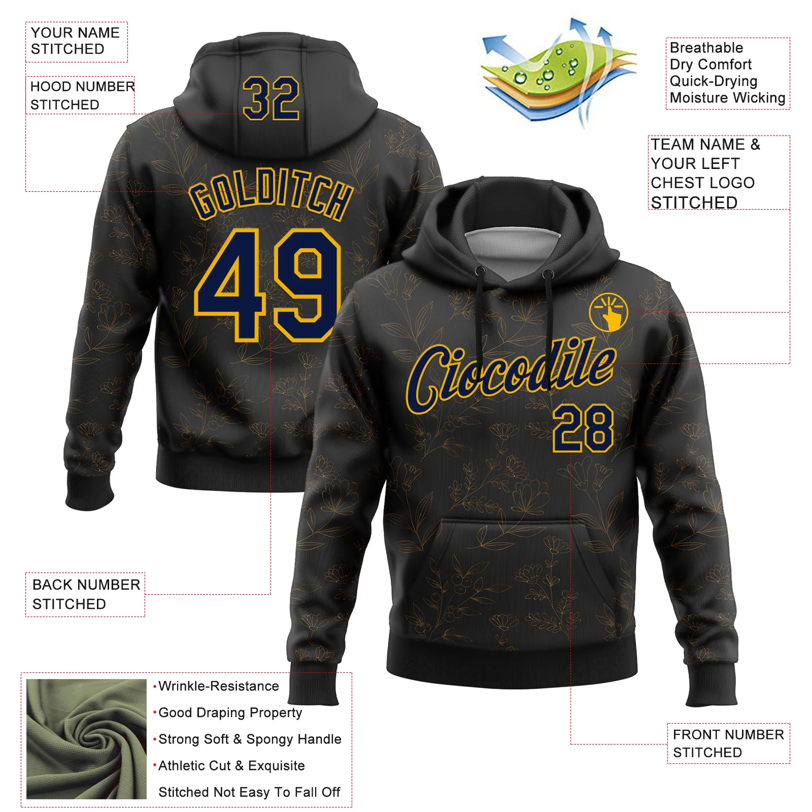 Custom Stitched Black Navy-Gold 3D Pattern Design Golden Subtle Floral Sports Pullover Sweatshirt Hoodie