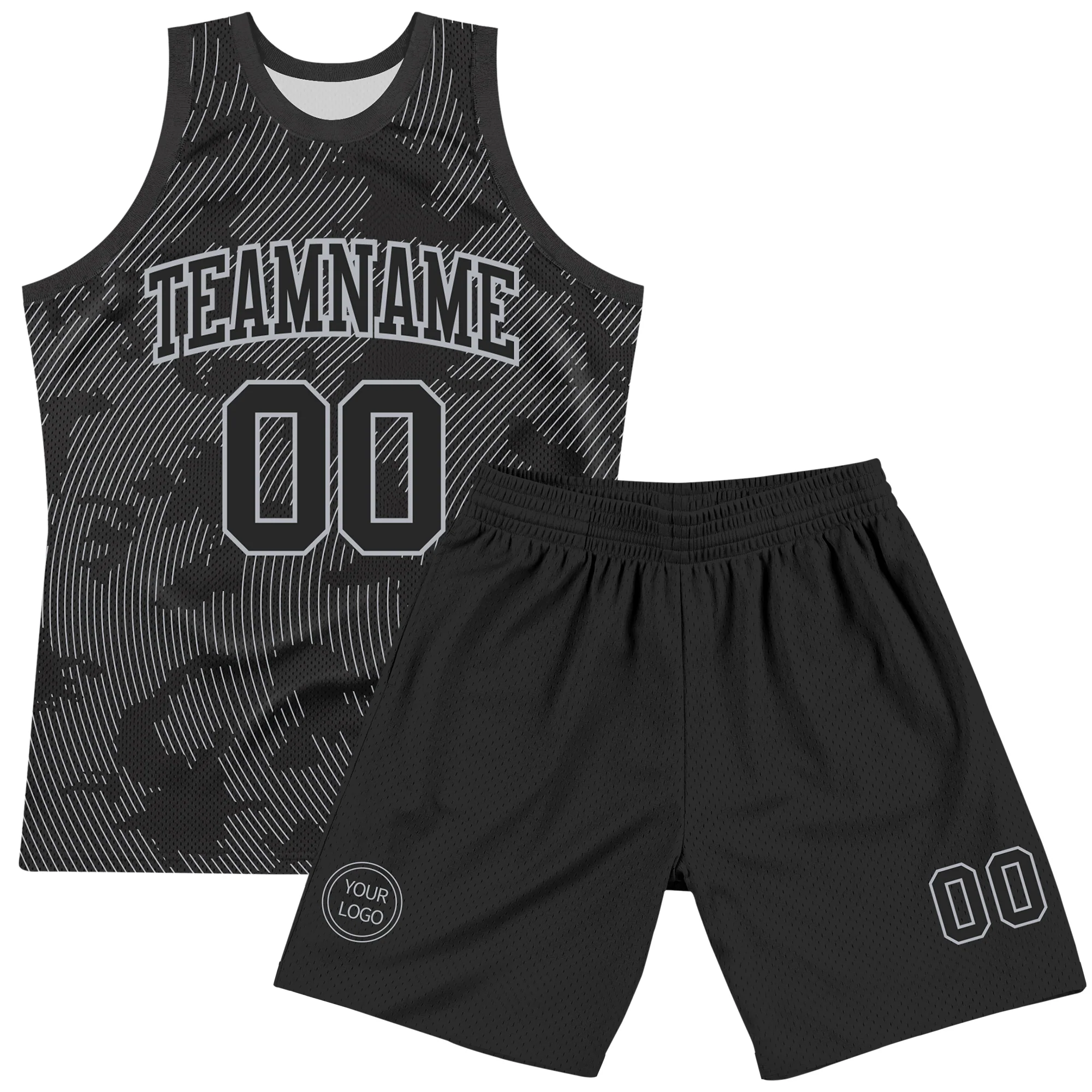 Custom Black Gray Curve Lines Round Neck Sublimation Basketball Suit Jersey