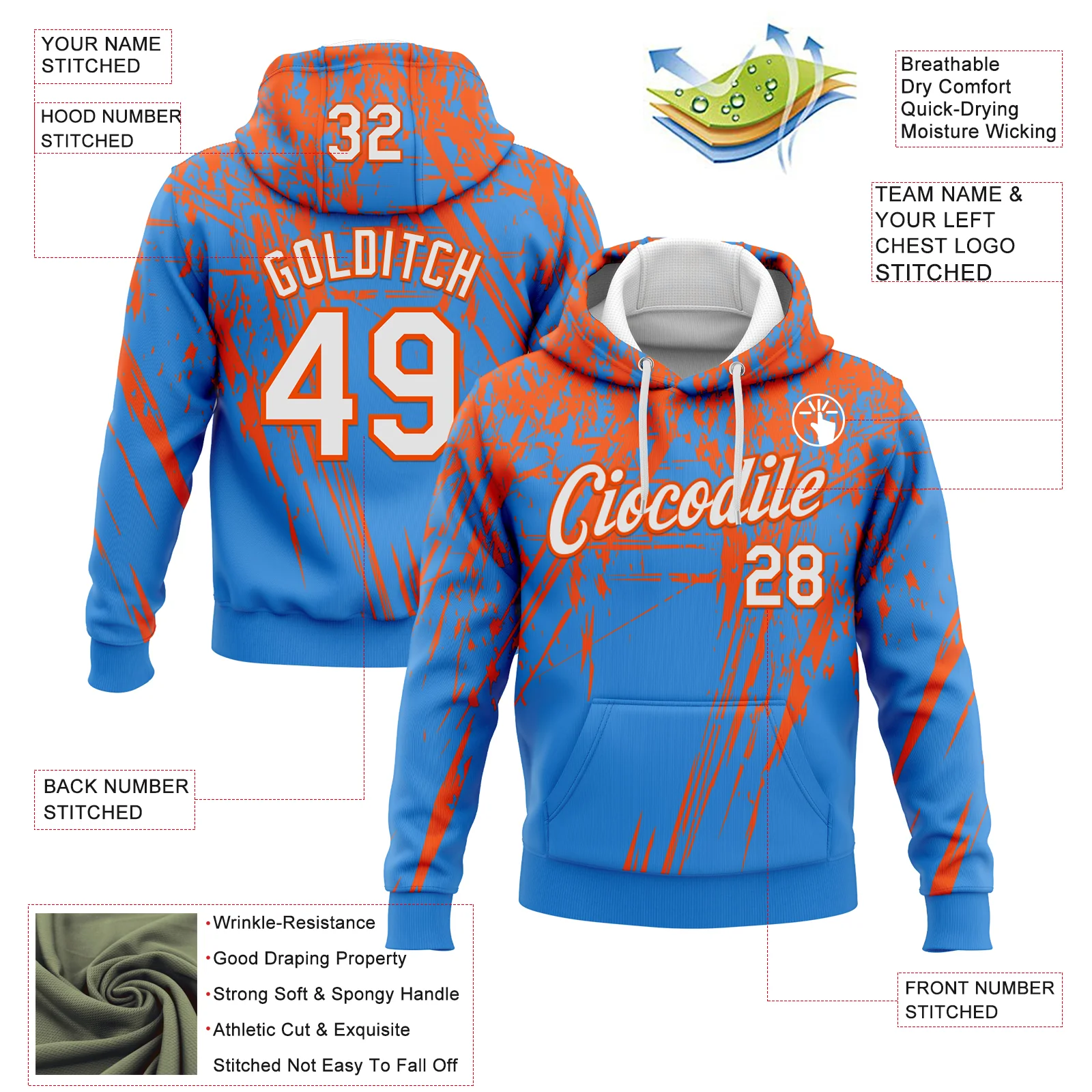 Custom Stitched Powder Blue White-Orange 3D Pattern Design Splash Grunge Art Sports Pullover Sweatshirt Hoodie