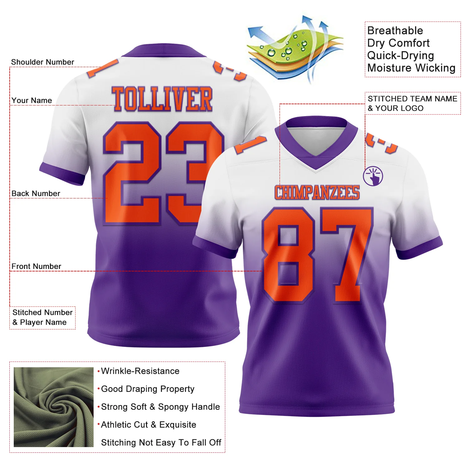Custom White Orange-Purple Authentic Fade Fashion Football Jersey