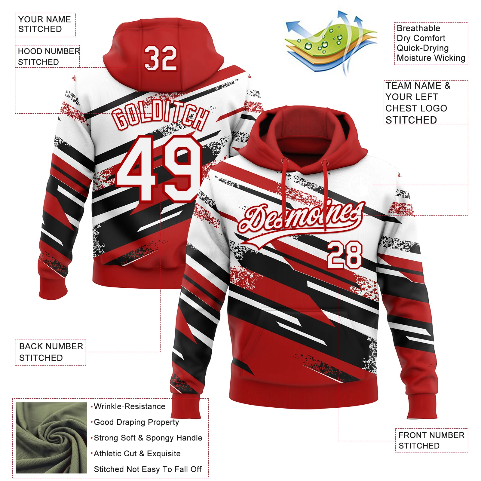 Custom Stitched Red White-Black 3D Pattern Design Line Sportswear Pullover Sweatshirt Hoodie