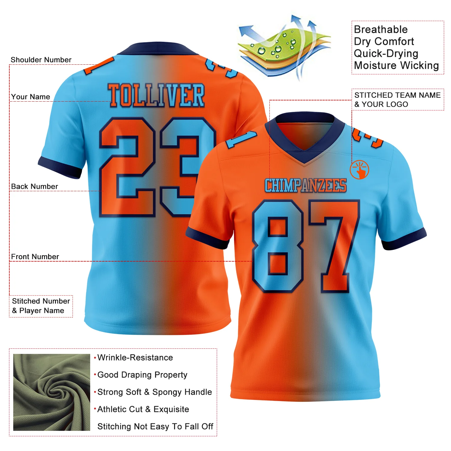 Custom Sky Blue Orange-Navy Authentic Gradient Fashion Football Jersey