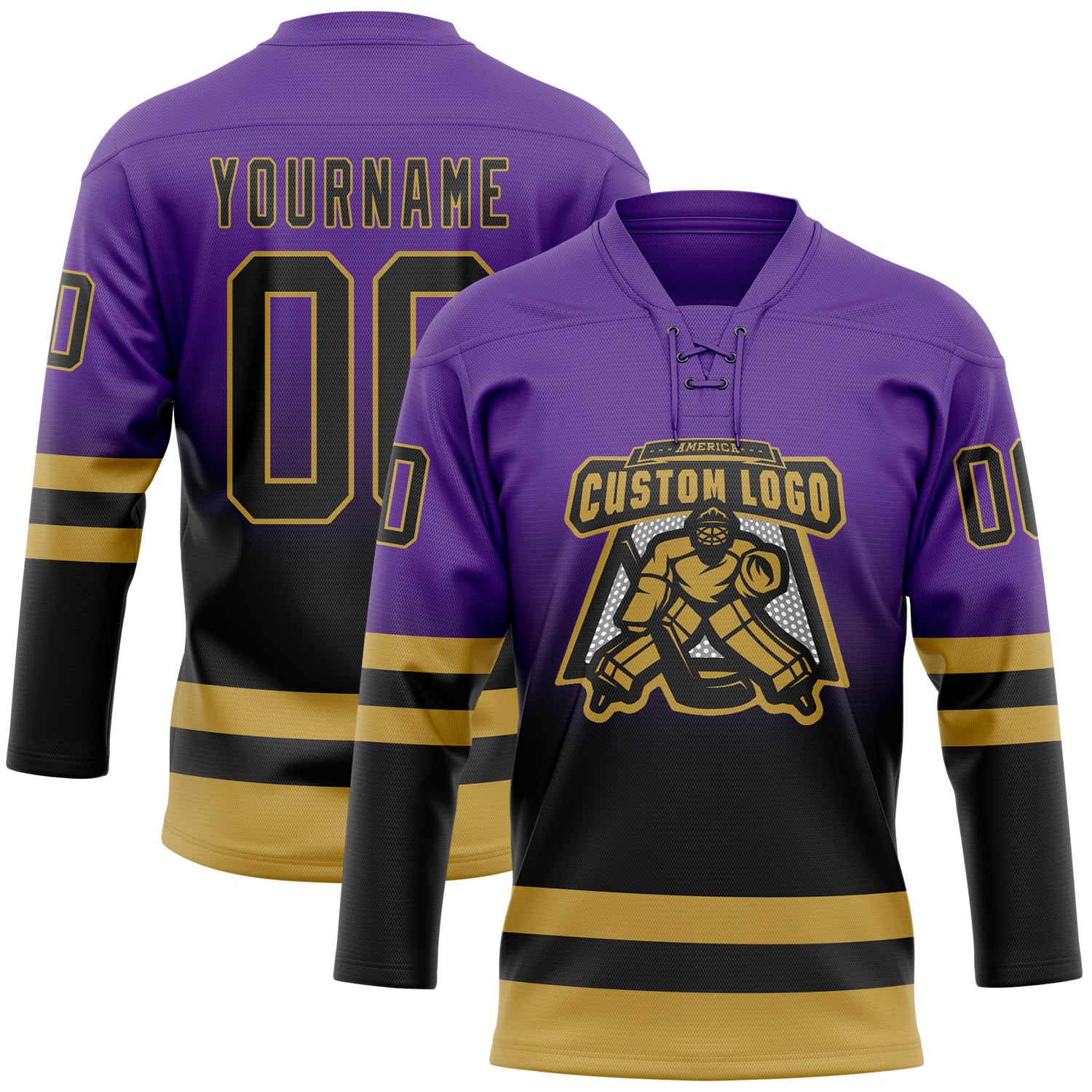 Custom Purple Black-Old Gold Fade Fashion Hockey Lace Neck Jersey