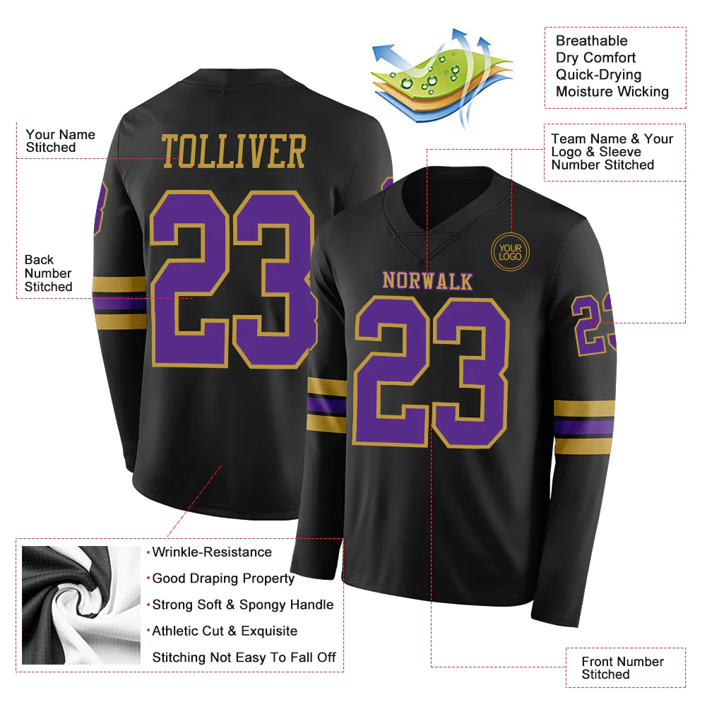 Custom Black Purple-Old Gold Long Sleeve Authentic Football Jersey