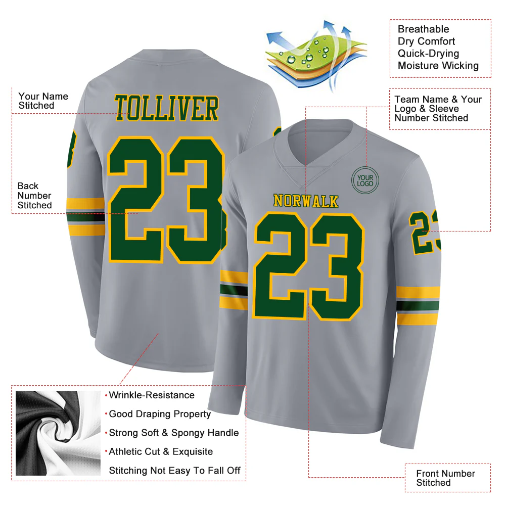 Custom Gray Green-Gold Long Sleeve Authentic Football Jersey